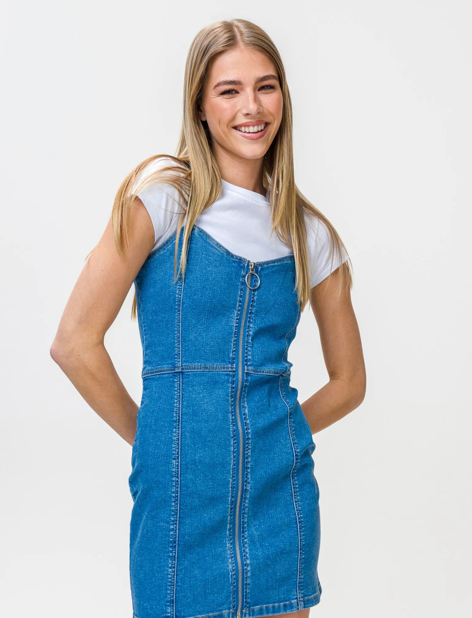 Donna Piazza Italia Donna<Abito con bretelle denim corto con dettaglio zip davanti. - Denim