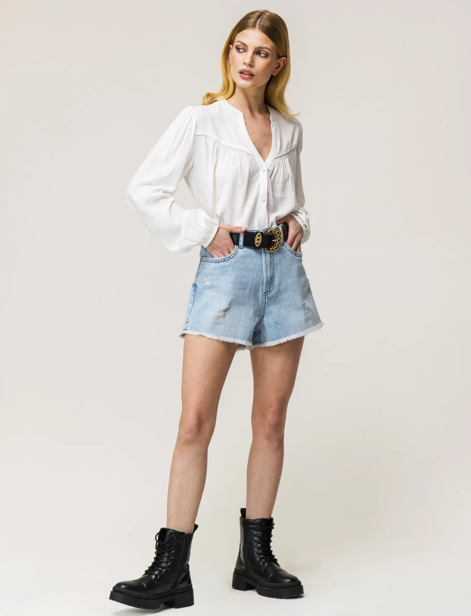 Donna Piazza Italia Camicie E Casacche<Camicia fluida con collo alla coreana e maniche ampie e applicazione nerve con arriccio -