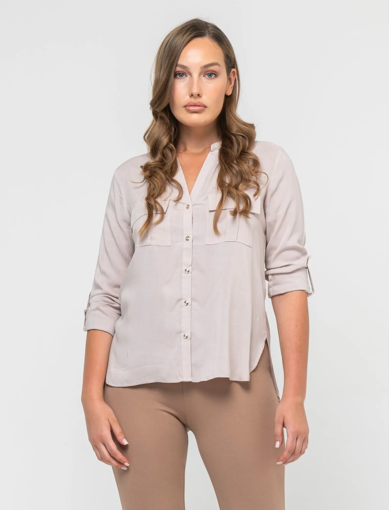 Donna Piazza Italia Camicie E Casacche<Camicia in viscosa manica lunga risvoltabile tramite alette - Sabbia