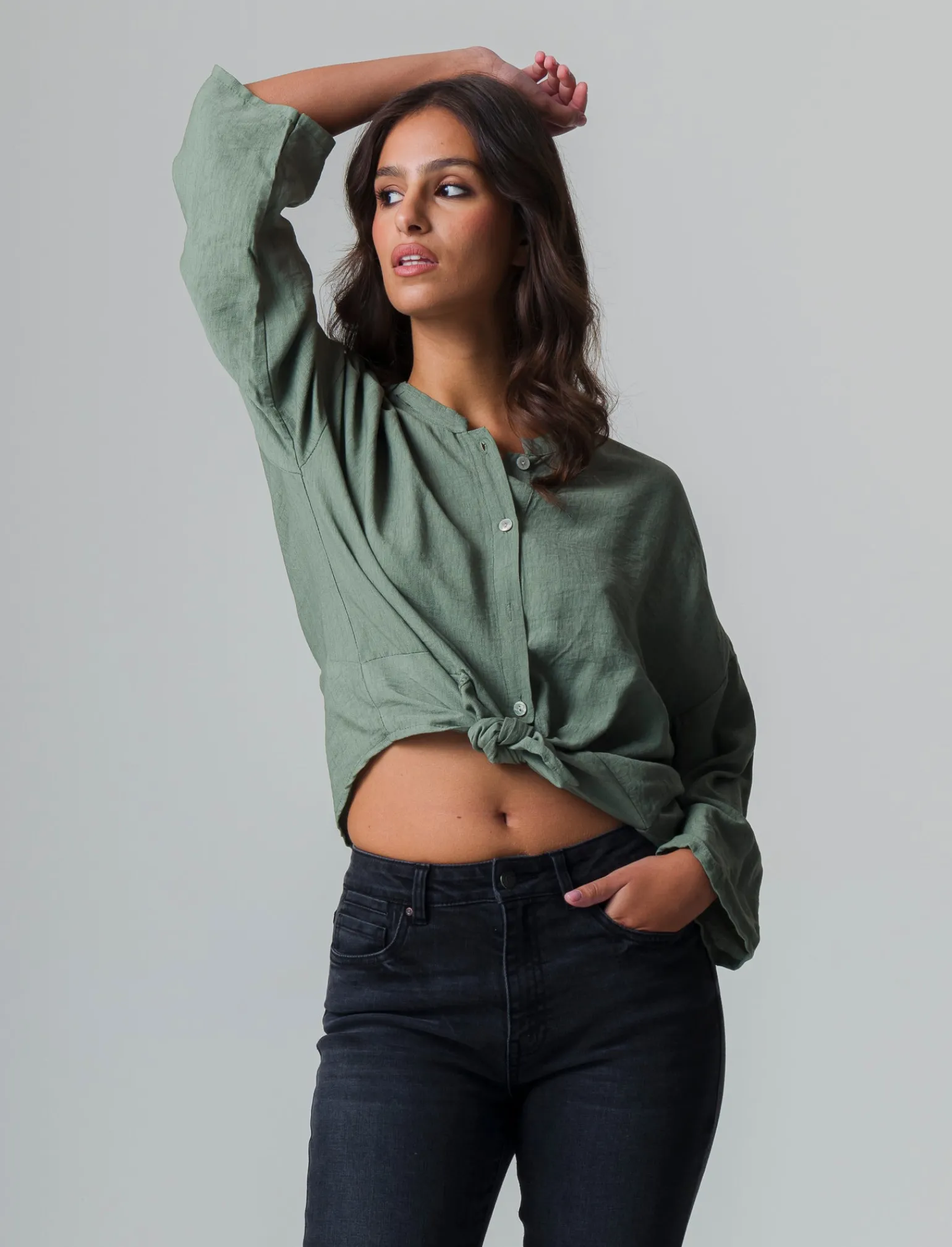 Donna Piazza Italia Camicie E Casacche<Camicia manica lunga con nodo e colletto alla coreana - salvia
