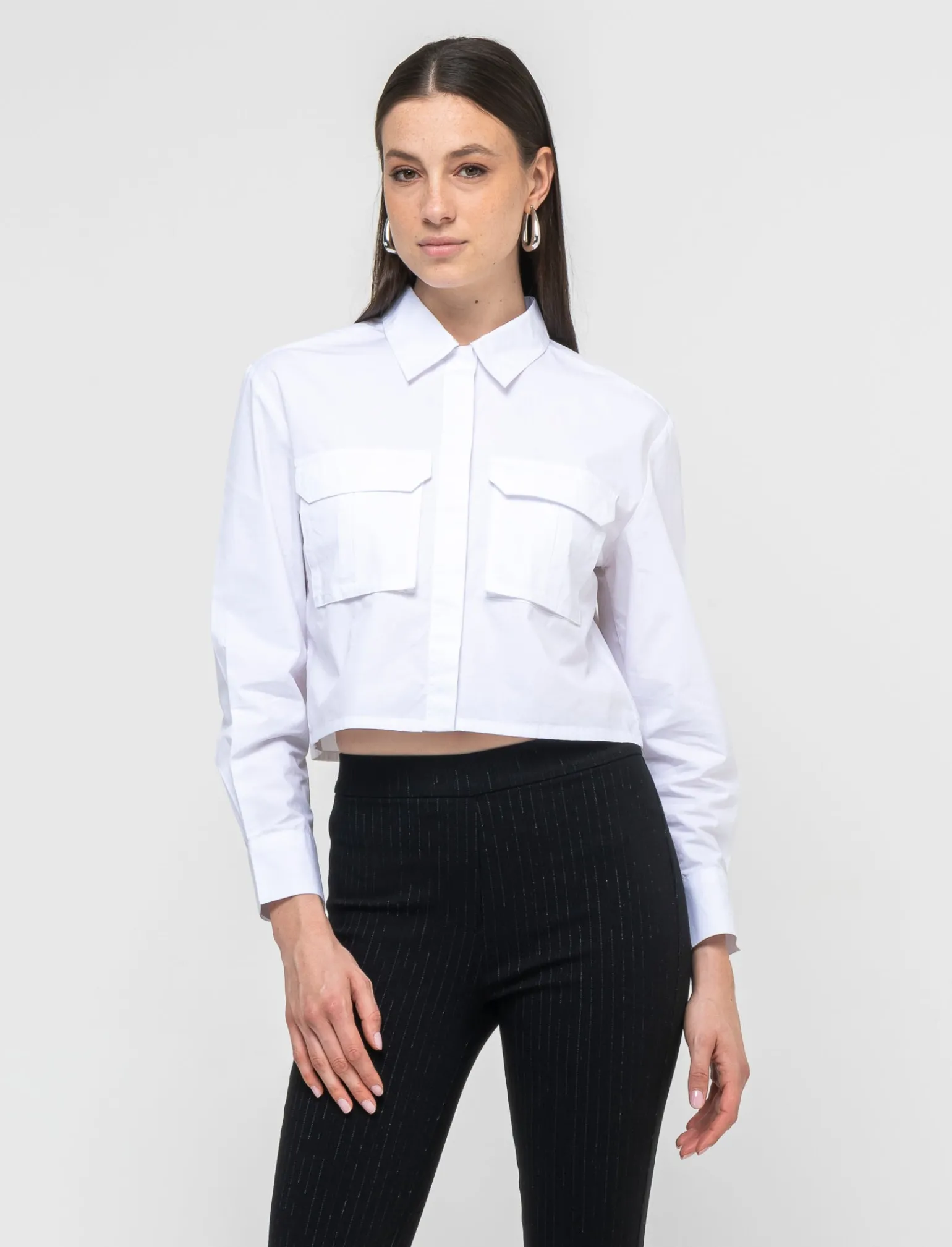 Donna Piazza Italia Donna | Camicie E Casacche<Camicia manica lunga cropped con tasche a toppe -