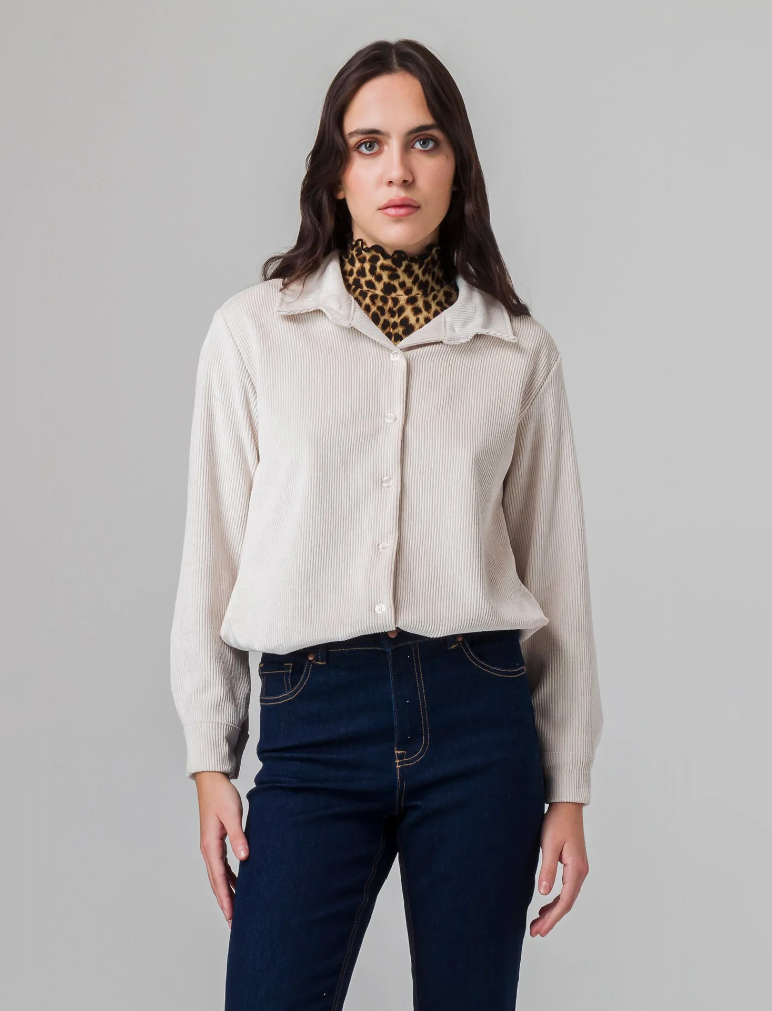 Donna Piazza Italia Donna | Camicie E Casacche<Camicia mnica lunga a coste con tessuto effetto velluto - panna