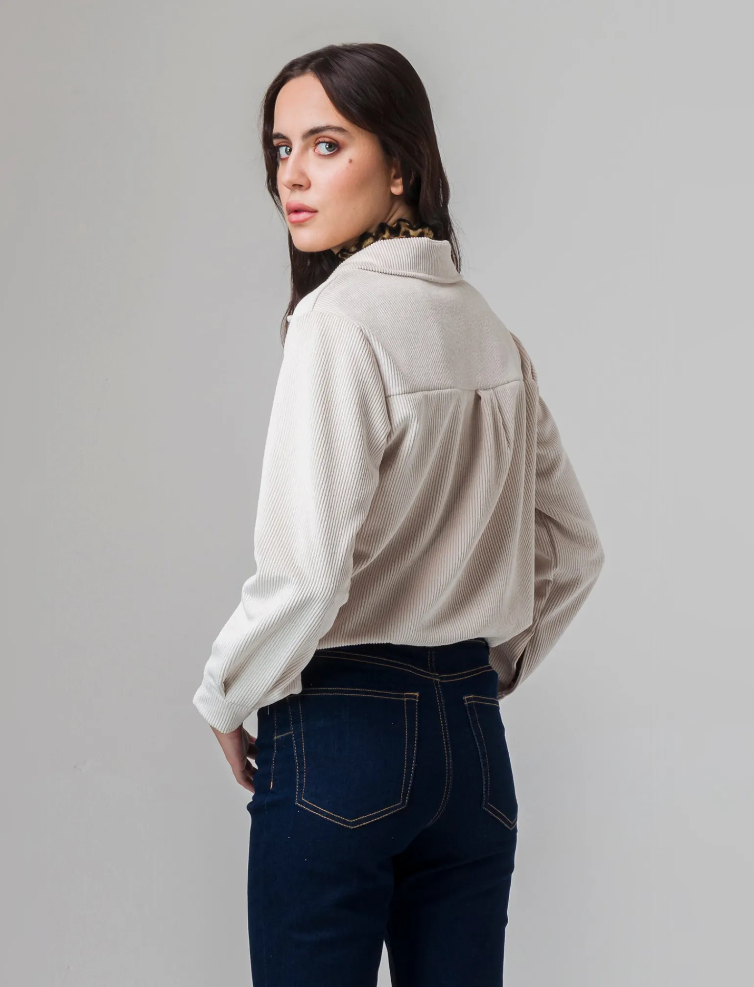 Donna Piazza Italia Donna | Camicie E Casacche<Camicia mnica lunga a coste con tessuto effetto velluto - panna