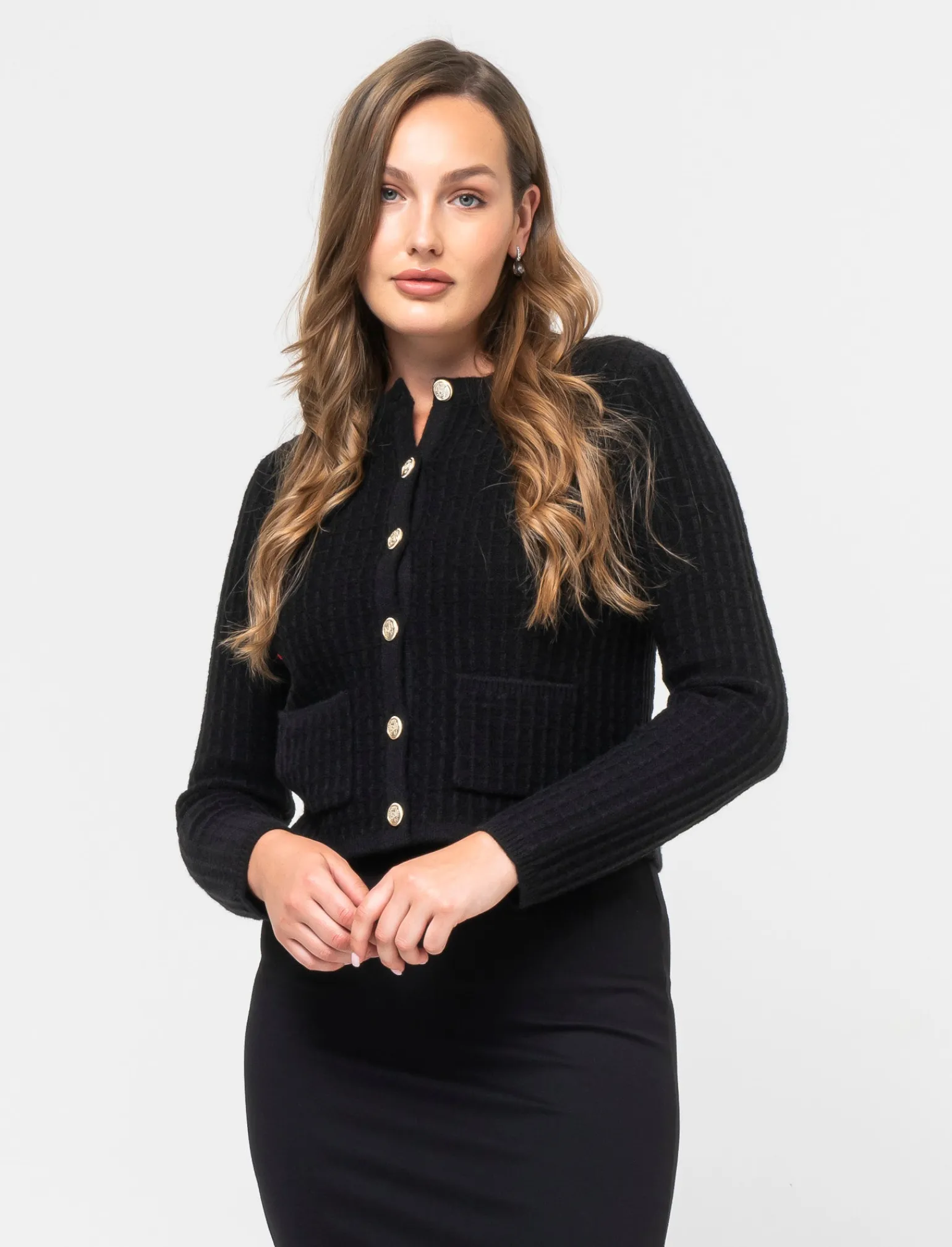 Donna Piazza Italia Maglieria<Cardigan corto con bottoni utilites effetto metallo dorato -