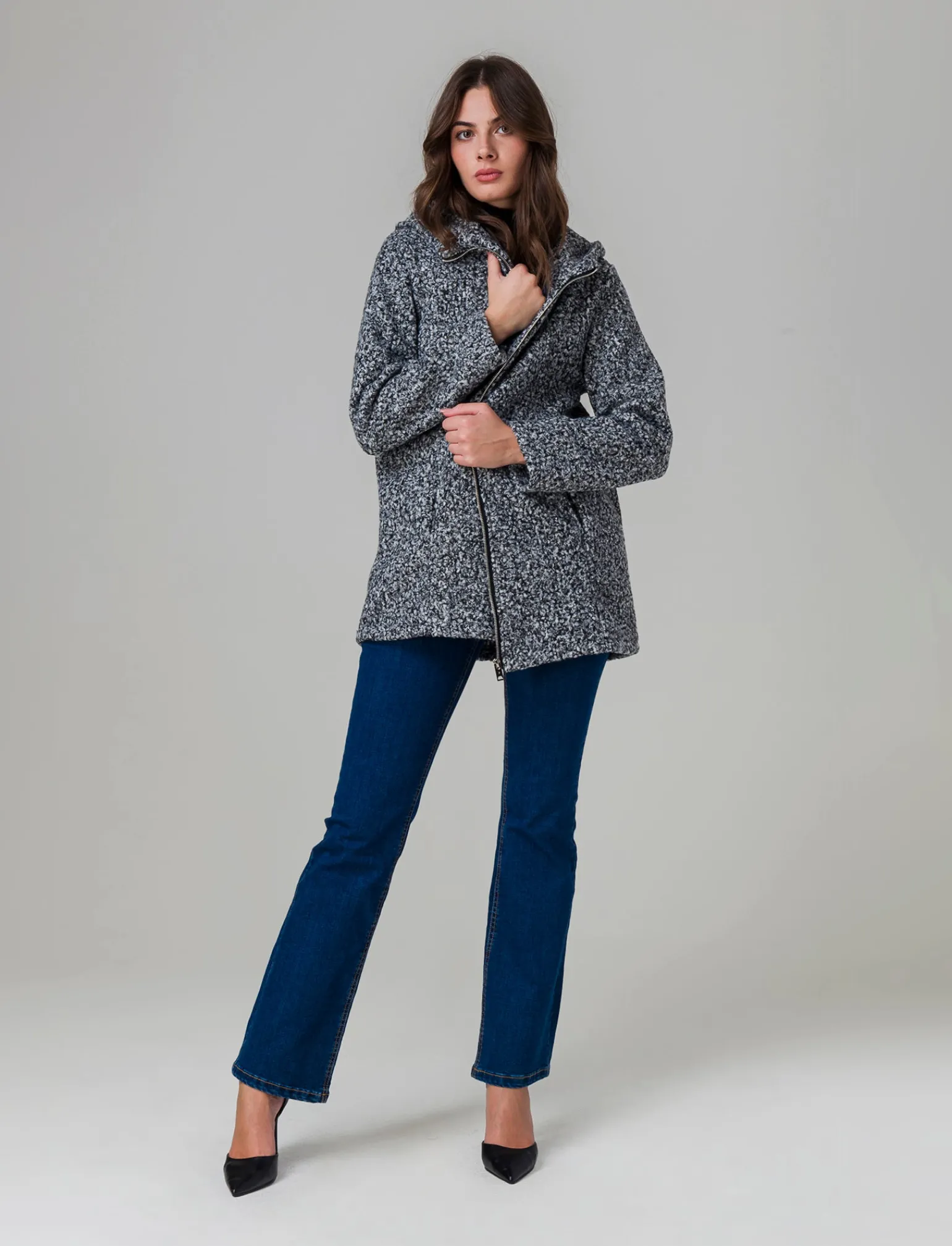 Donna Piazza Italia Giubbini E Cappotti<Giaccone con zip in tessuto boucle - sale/pepe