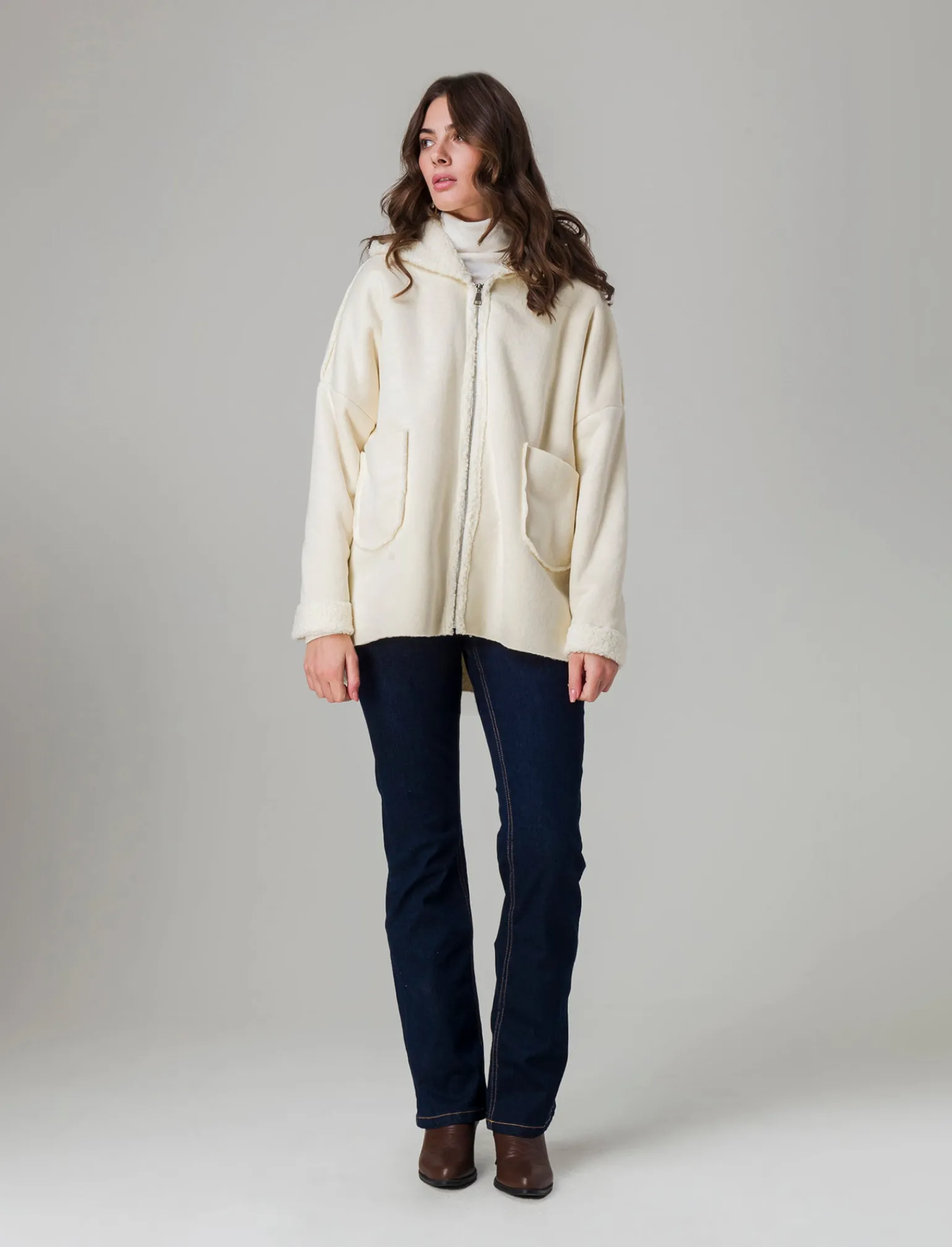 Donna Piazza Italia Giubbini E Cappotti<Giaccone con zip in tessuto misto boucle - Bianco panna