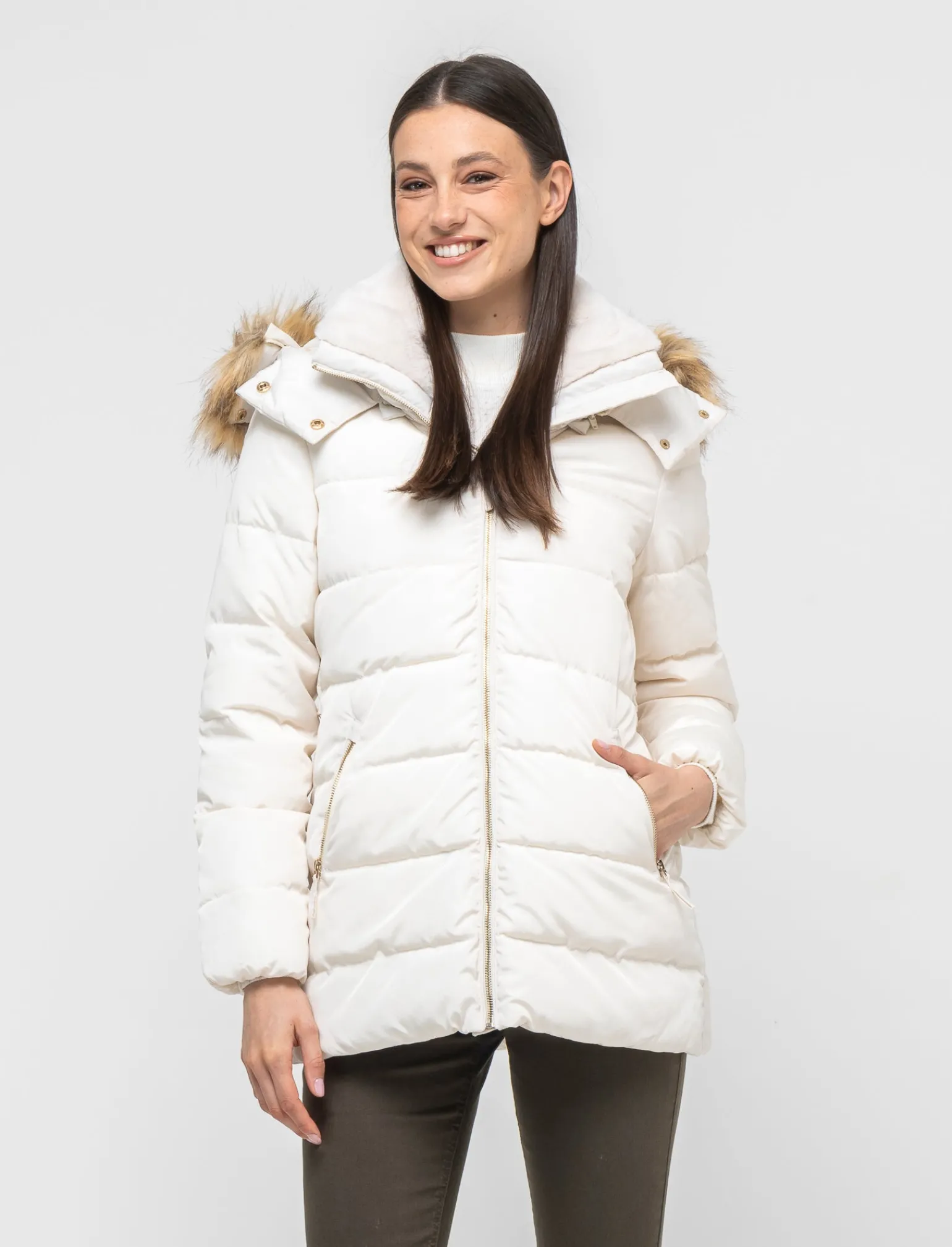 Donna Piazza Italia Donna | Giubbini E Cappotti<Giaccone imbottito con cappuccio removibile con zip e cappuccio - gesso