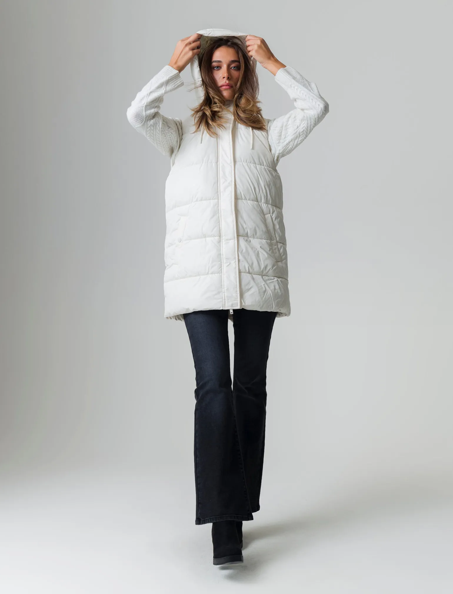 Donna Piazza Italia Donna | Giubbini E Cappotti<Giubbotto modello gilet con cappuccio e tasche a filetto - gesso