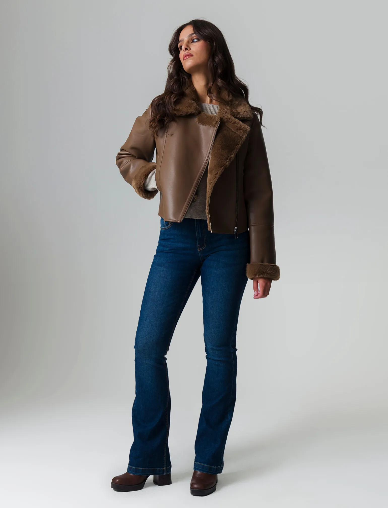 Donna Piazza Italia Donna | Giubbini E Cappotti<Giubotto modello chiodo in finto sued con interno in shearling - tortora