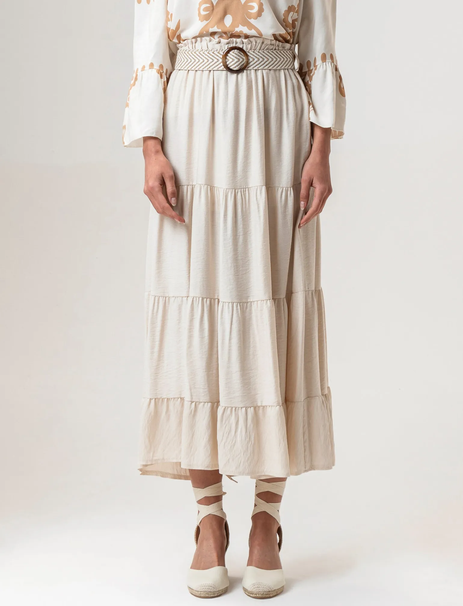 Donna Piazza Italia Donna<Gonna viscosa a balze con elastico in vita e cintura -