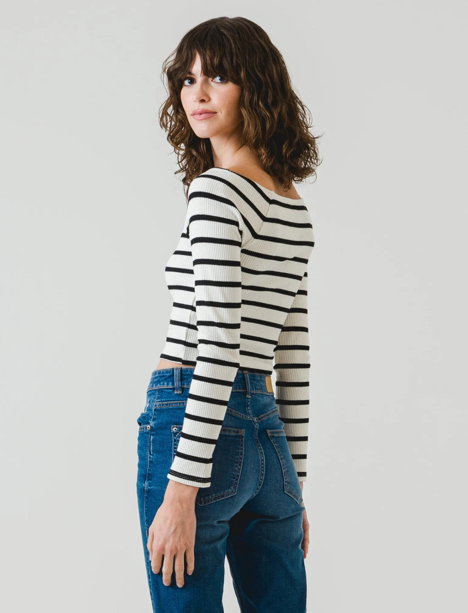 Donna Piazza Italia Donna<Maglia a coste,manica lunga, scollo schiffer a righe con vestibilità cropped slim - var 2