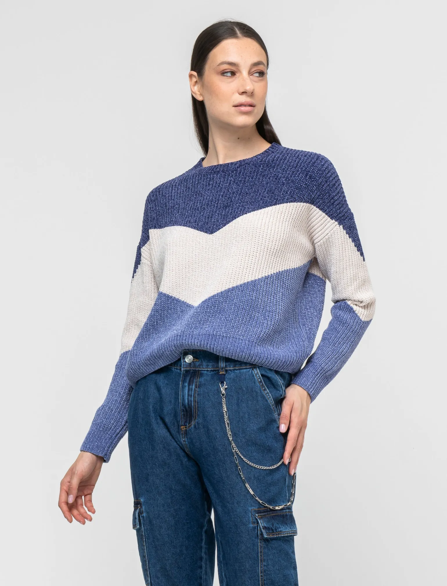 Donna Piazza Italia Maglieria<Maglia a girocollo in ciniglia con manica a T e lavorazione a righe larghe - var 3
