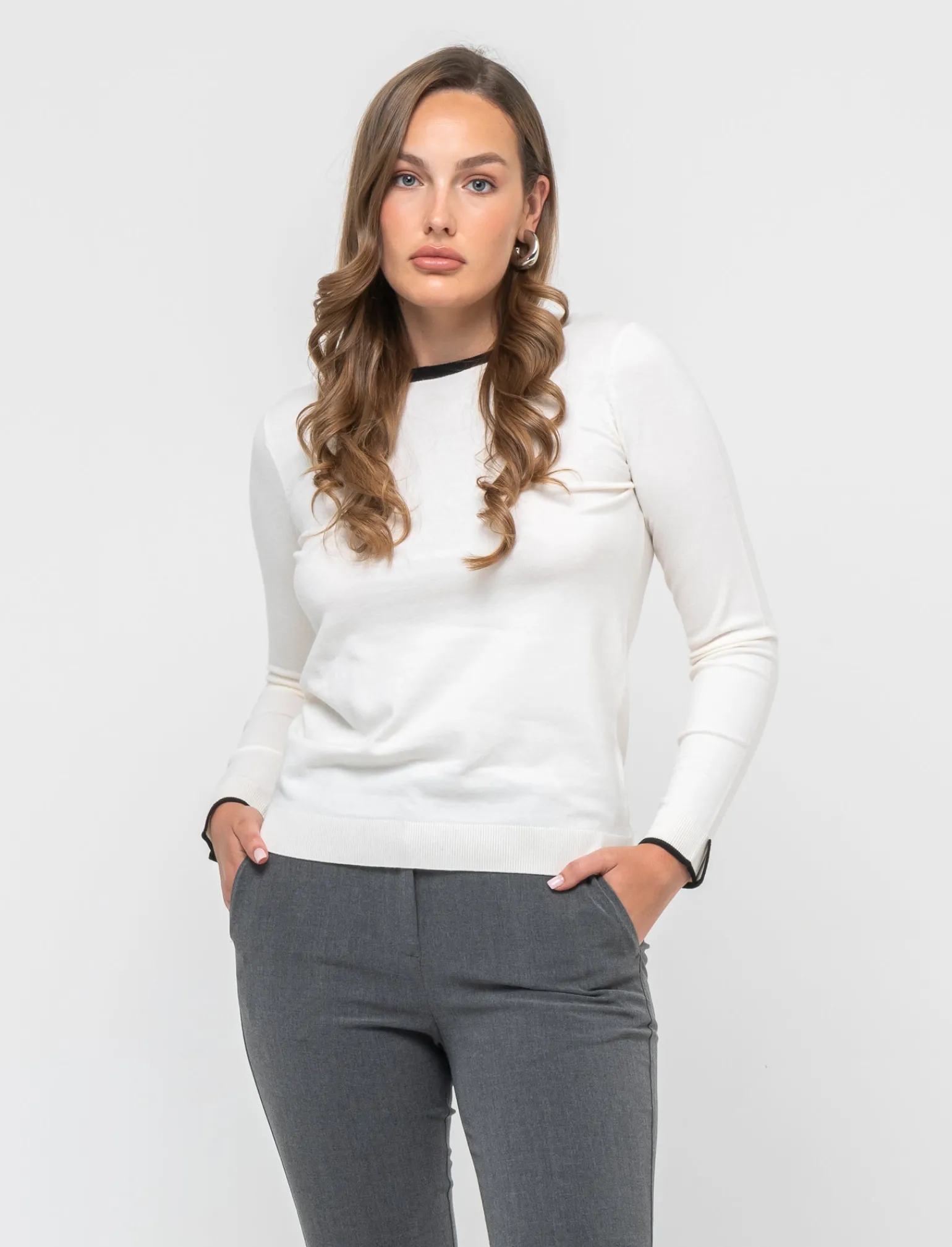 Donna Piazza Italia Donna | Maglieria<Maglia a girocollo in maglia fine con contrasto su bordo scollo e polso - Avorio