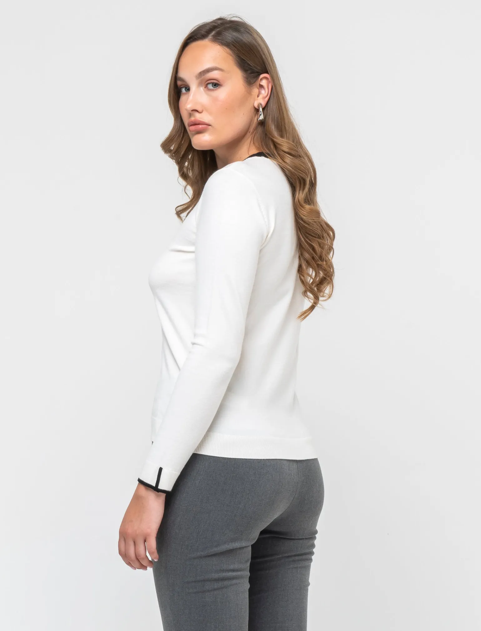 Donna Piazza Italia Donna | Maglieria<Maglia a girocollo in maglia fine con contrasto su bordo scollo e polso - Avorio