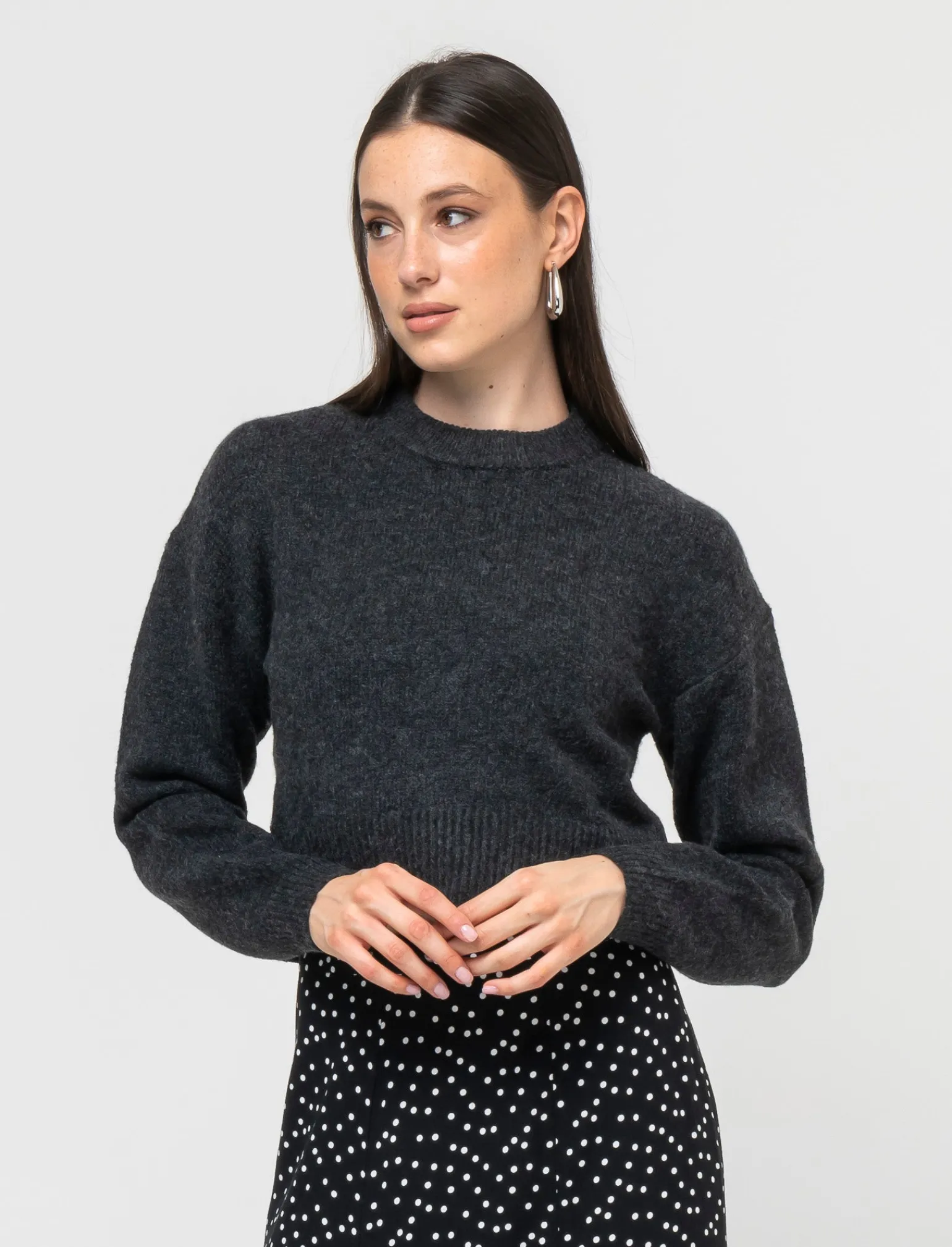 Donna Piazza Italia Maglieria<Maglia crop manica lunga giro collo con spalla a T - Antracite melange