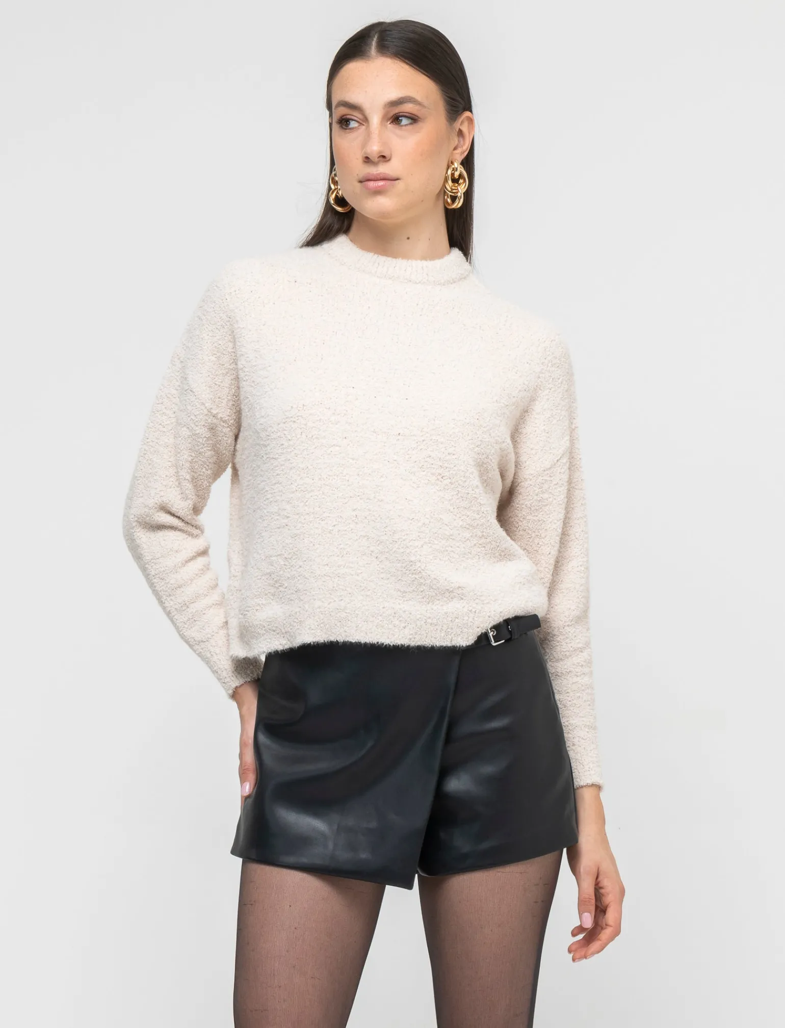 Donna Piazza Italia Maglieria<Maglia girocollo e manica lunga taglio crop tessuto effetto pelliccia - Avorio