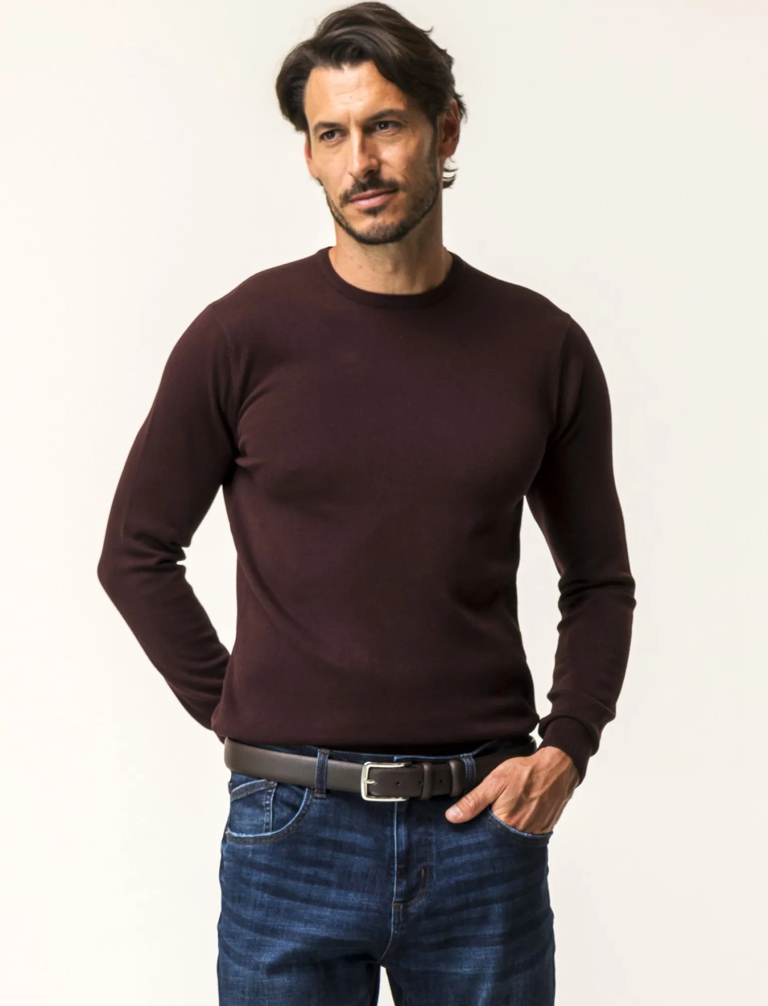 Uomo Piazza Italia Uomo | Maglieria<Maglia girocollo in puro cotone premium con costina al collo, ai polsi e al fondo - Bordeaux