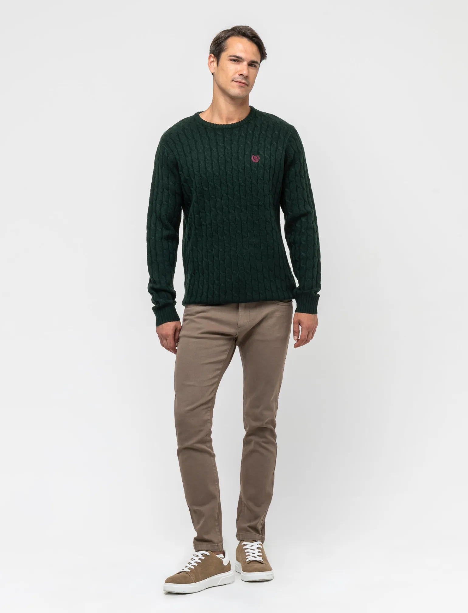 Uomo Piazza Italia Maglieria<Maglia girocollo lavorazione a trecce con ricamo sul petto, regular fit - scuro