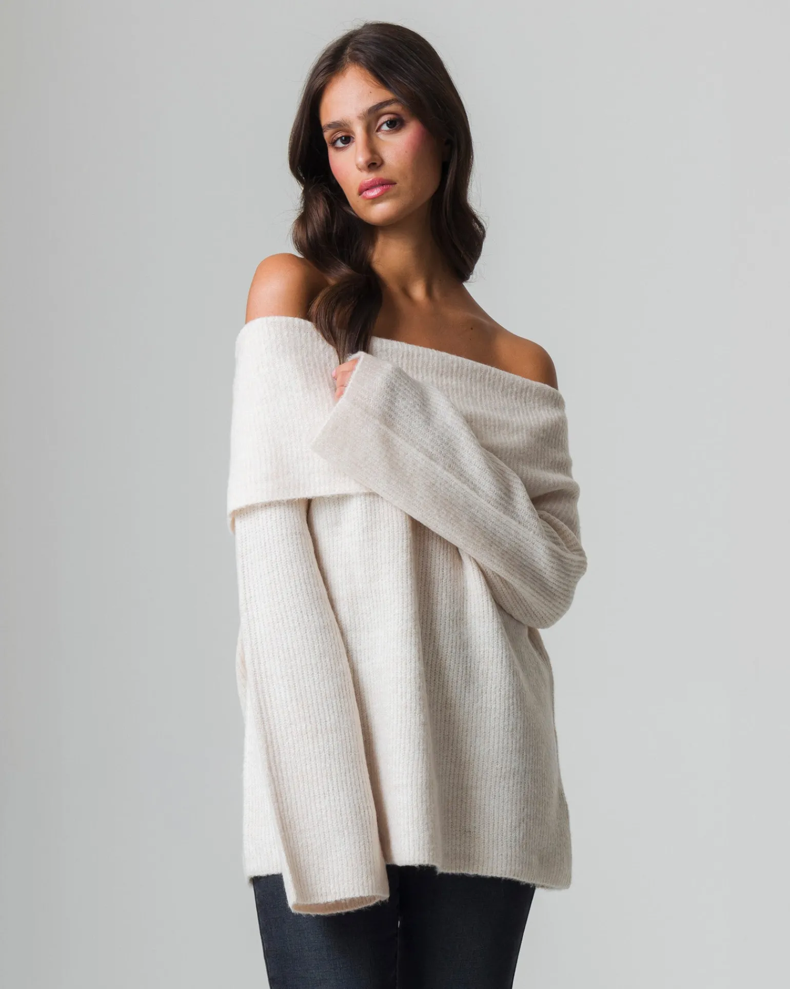 Donna Piazza Italia Donna | Maglieria<Maglia manica lunga scollo risvoltato e spalle scoperte con vestibilità comoda - Beige corda