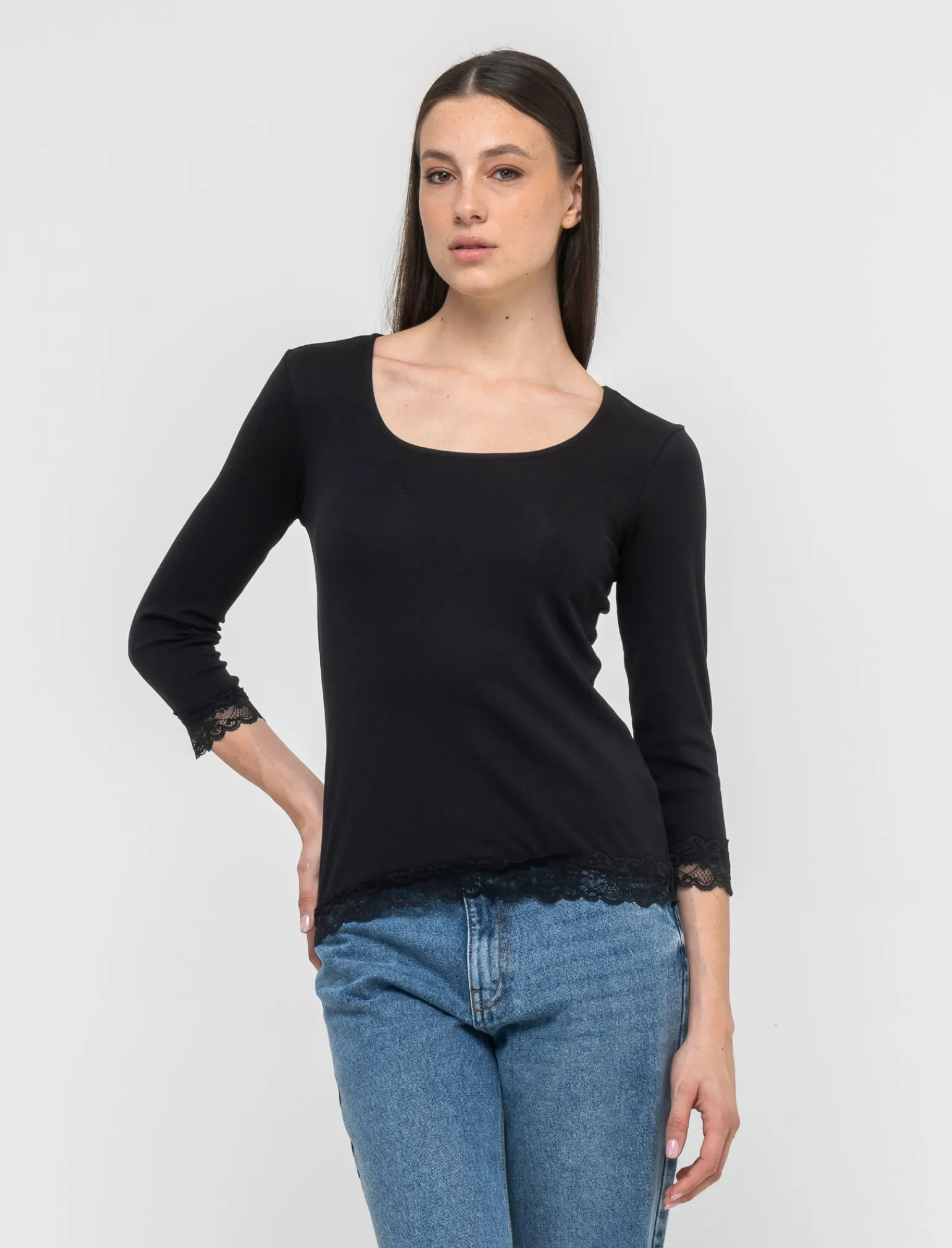 Donna Piazza Italia Donna | Maglieria<Maglietta manica lunga a costina con pizzo e motivo floreale -