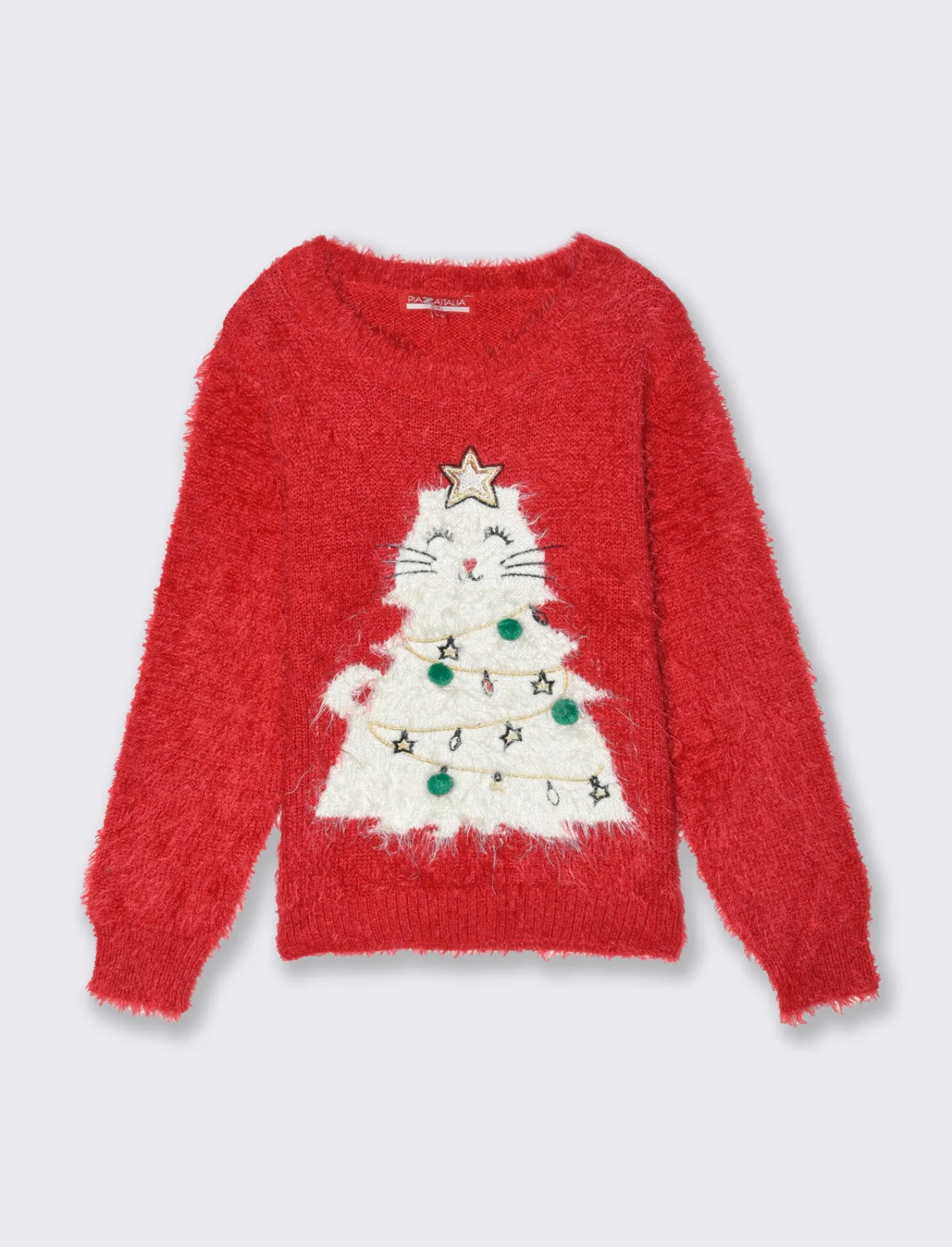 Piazza Italia Bambina | Maglieria<Maglione girocollo morbido effetto peloso da bambina con ricami patch e pon pon - Rosso