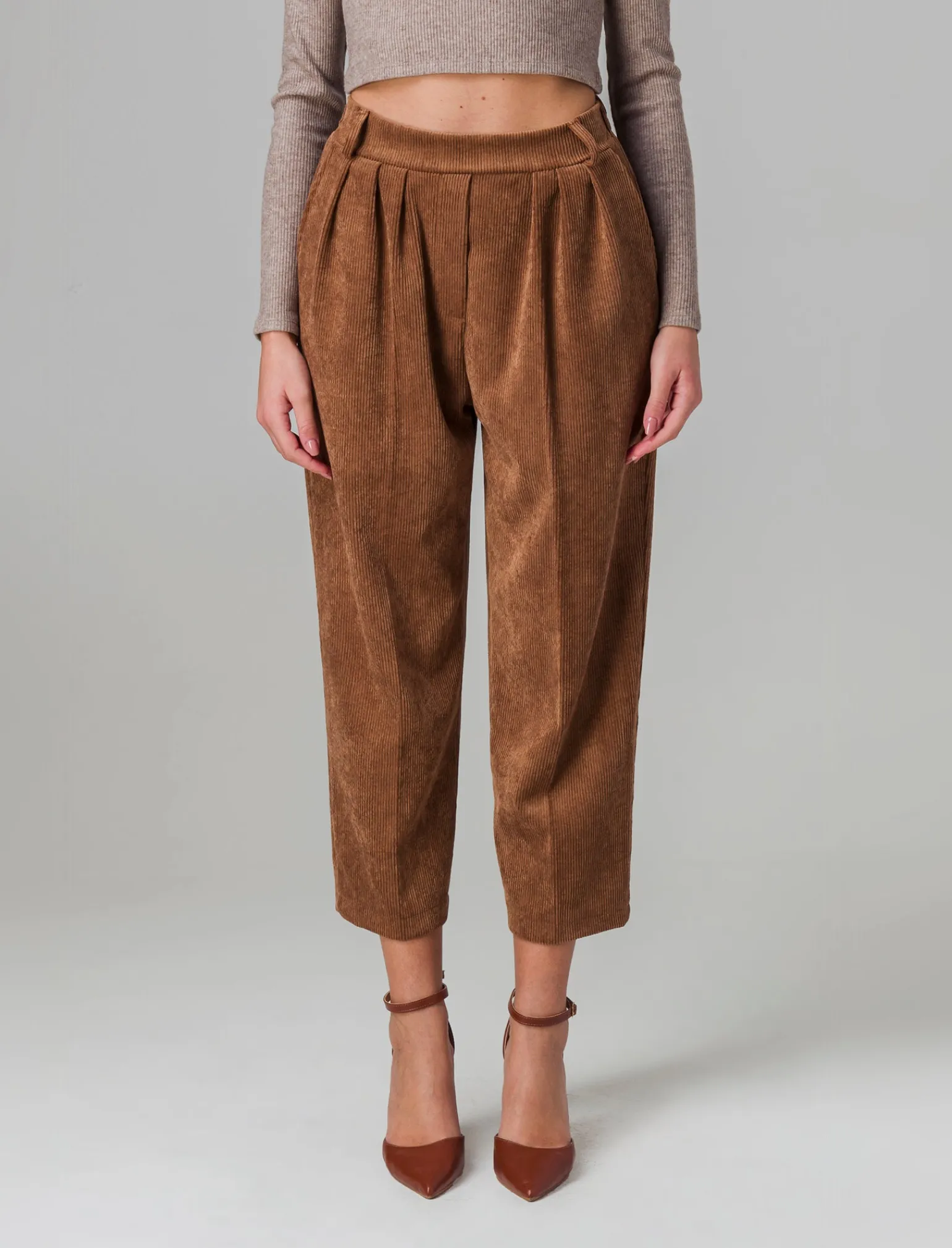 Donna Piazza Italia Pantaloni<Pantalone a coste con elastico in vita e tasche amerciane - tabacco