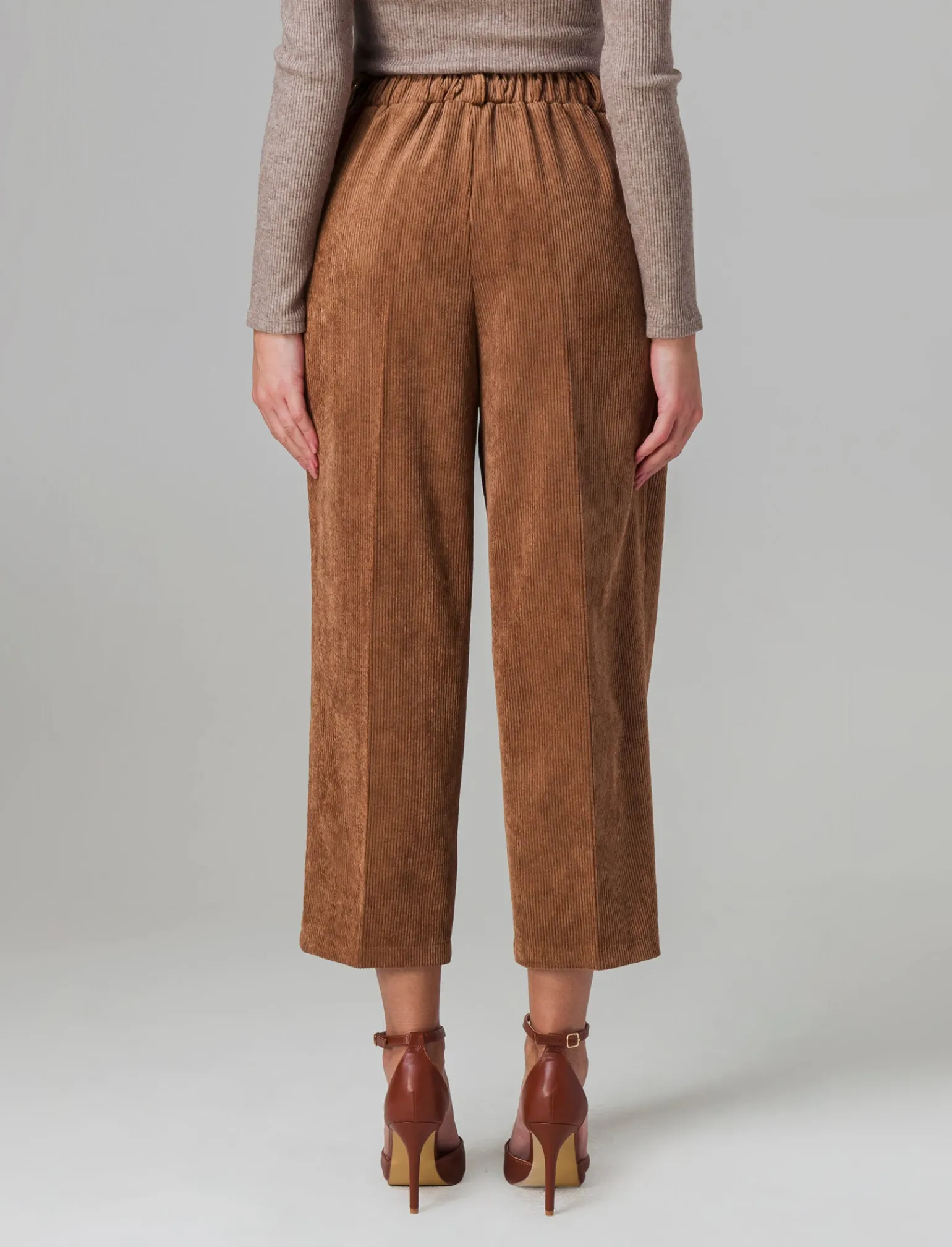 Donna Piazza Italia Pantaloni<Pantalone a coste con elastico in vita e tasche amerciane - tabacco