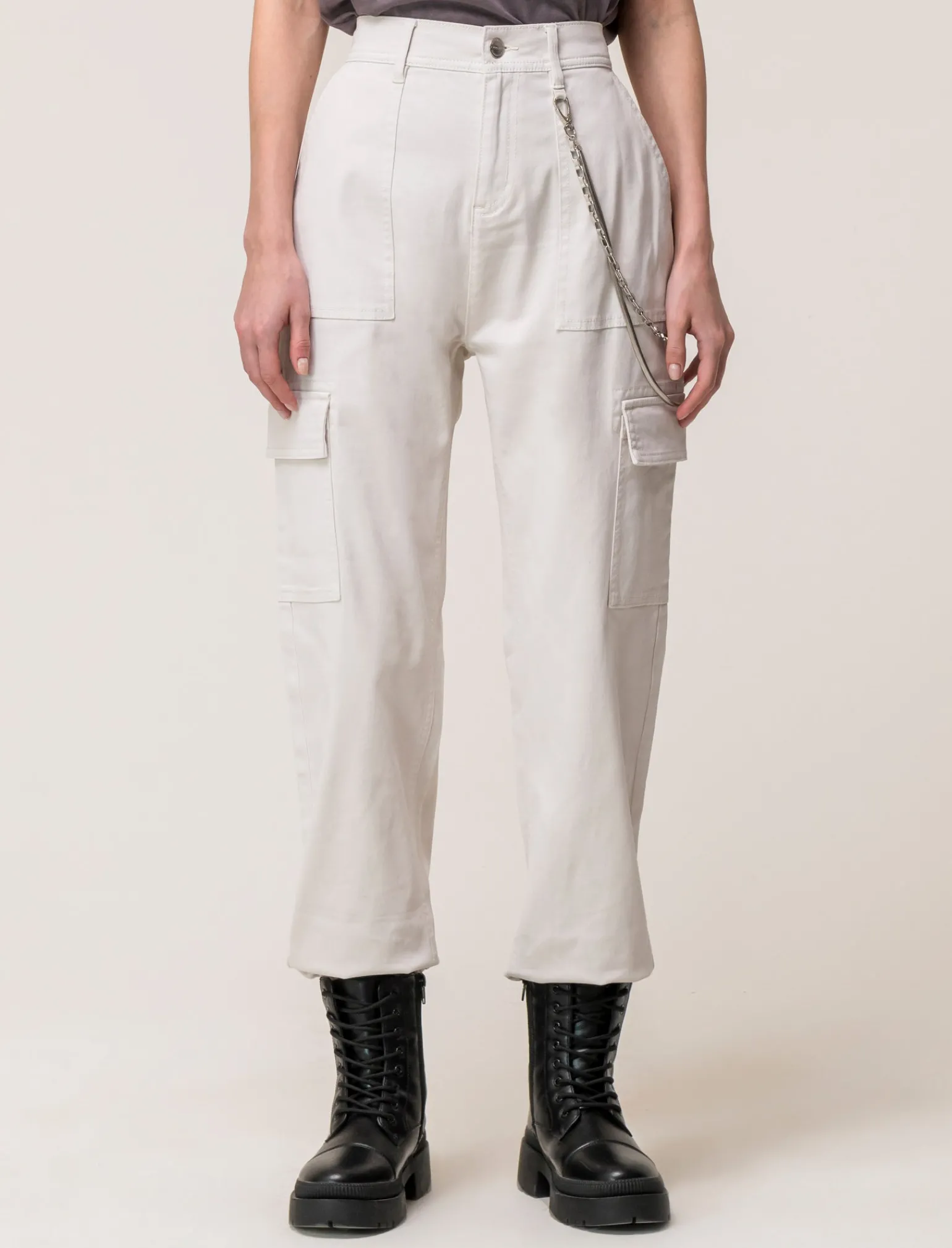 Donna Piazza Italia Donna | Pantaloni<Pantalone colorato con tasconi applicati e catena di tessuto elastico con vestibilita comfort - gesso