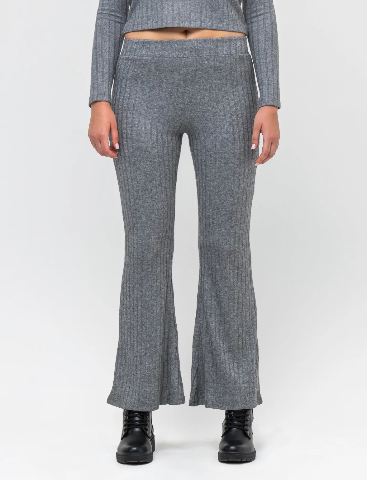 Donna Piazza Italia Pantaloni<Pantalone flare con elastico in vita e lavorazione a coste larghe - melange