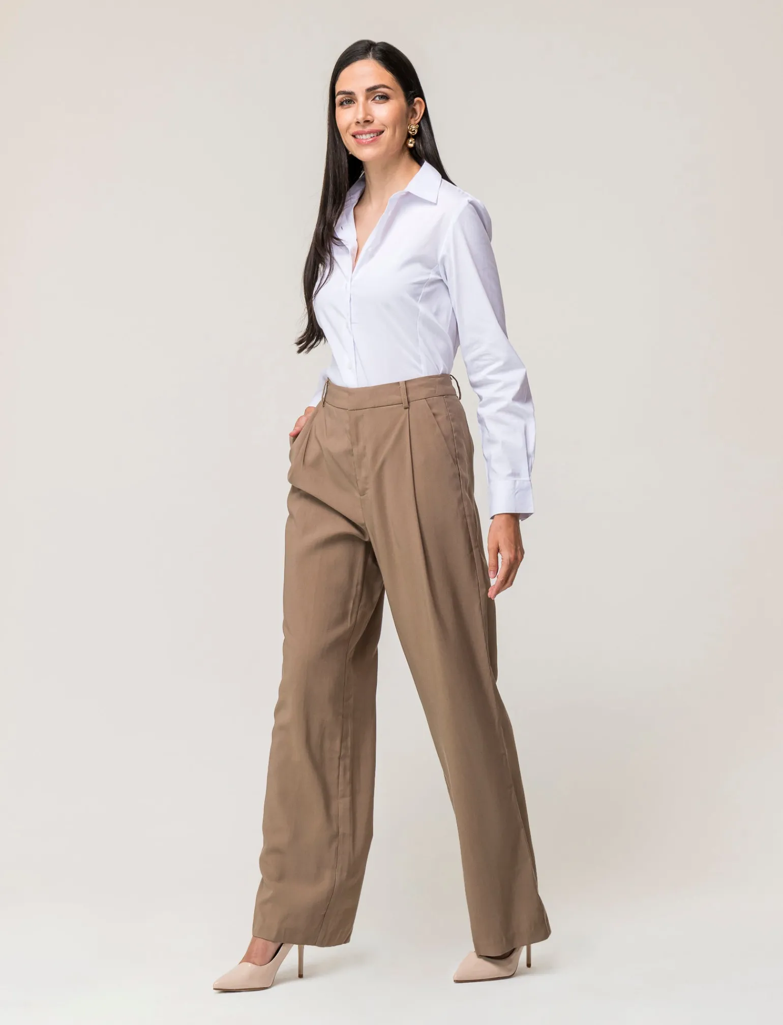 Donna Piazza Italia Pantaloni<Pantalone fromale modello a palazzo in tessuto fluido - castoro