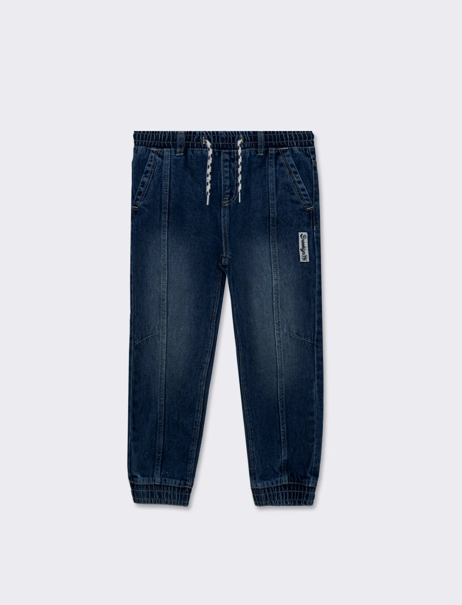Bambino Piazza Italia Bambino | Jeans<Pantalone in denim modello jogger con lacci in vita e stampa sul dietro - DENIM SCURO