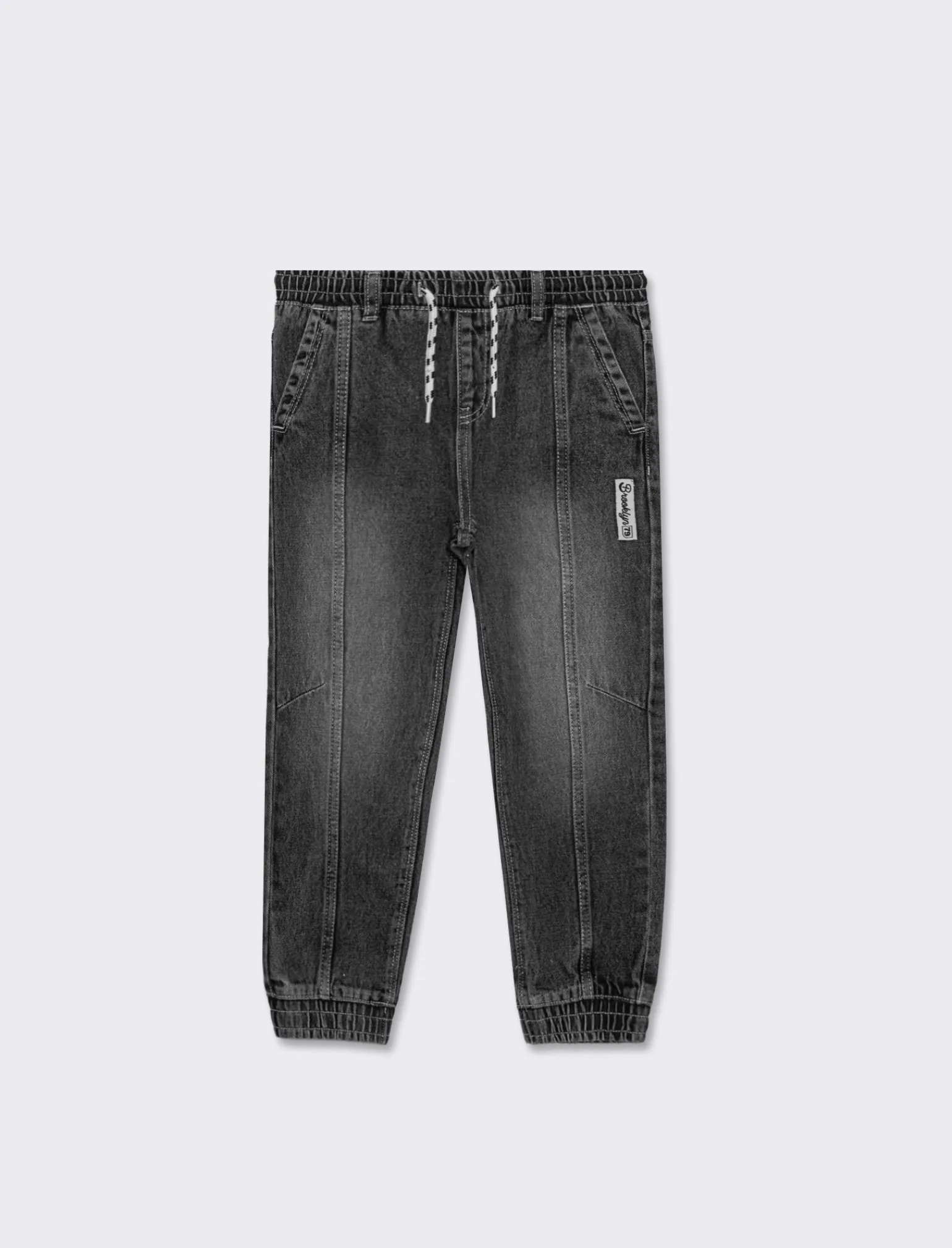 Bambino Piazza Italia Bambino | Jeans&lt;Pantalone in denim modello jogger con lacci in vita e stampa sul dietro -