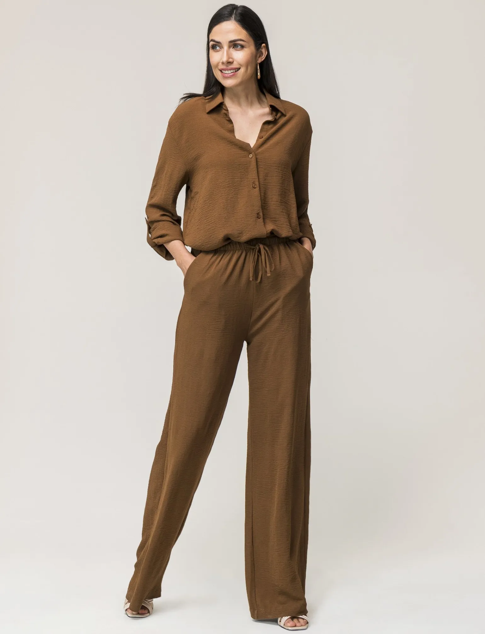 Donna Piazza Italia Pantaloni<Pantalone in tessuto fluido con elastico e coulisse in vita vestibilità straight - tabacco