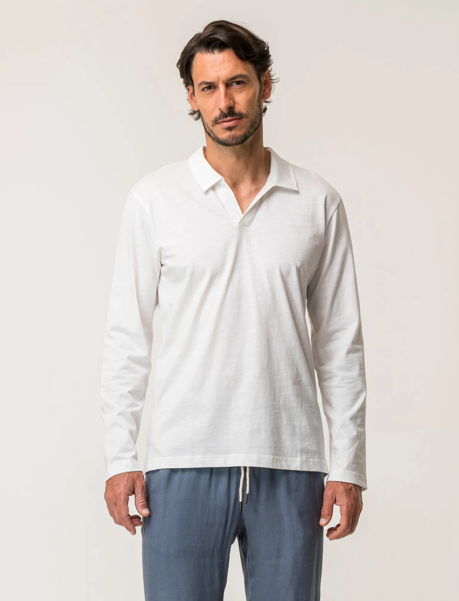 Uomo Piazza Italia Uomo | Polo E T-Shirt<Polo derby con colletto classico a rever in puro cotone slub a maniche lunghe -