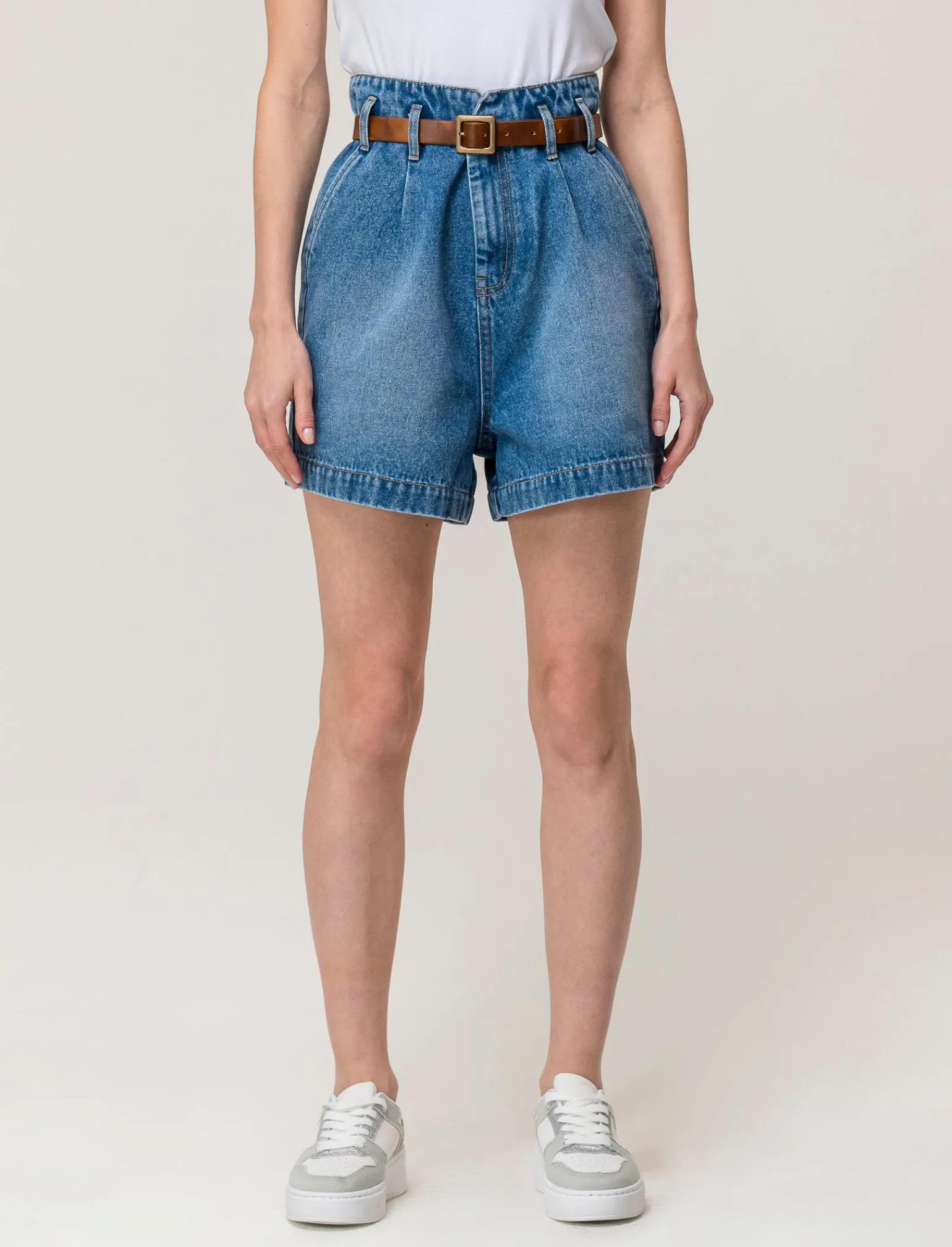Donna Piazza Italia Shorts<Short in demin modello paper bag con cintura e tasche applicate sul retro - Denim