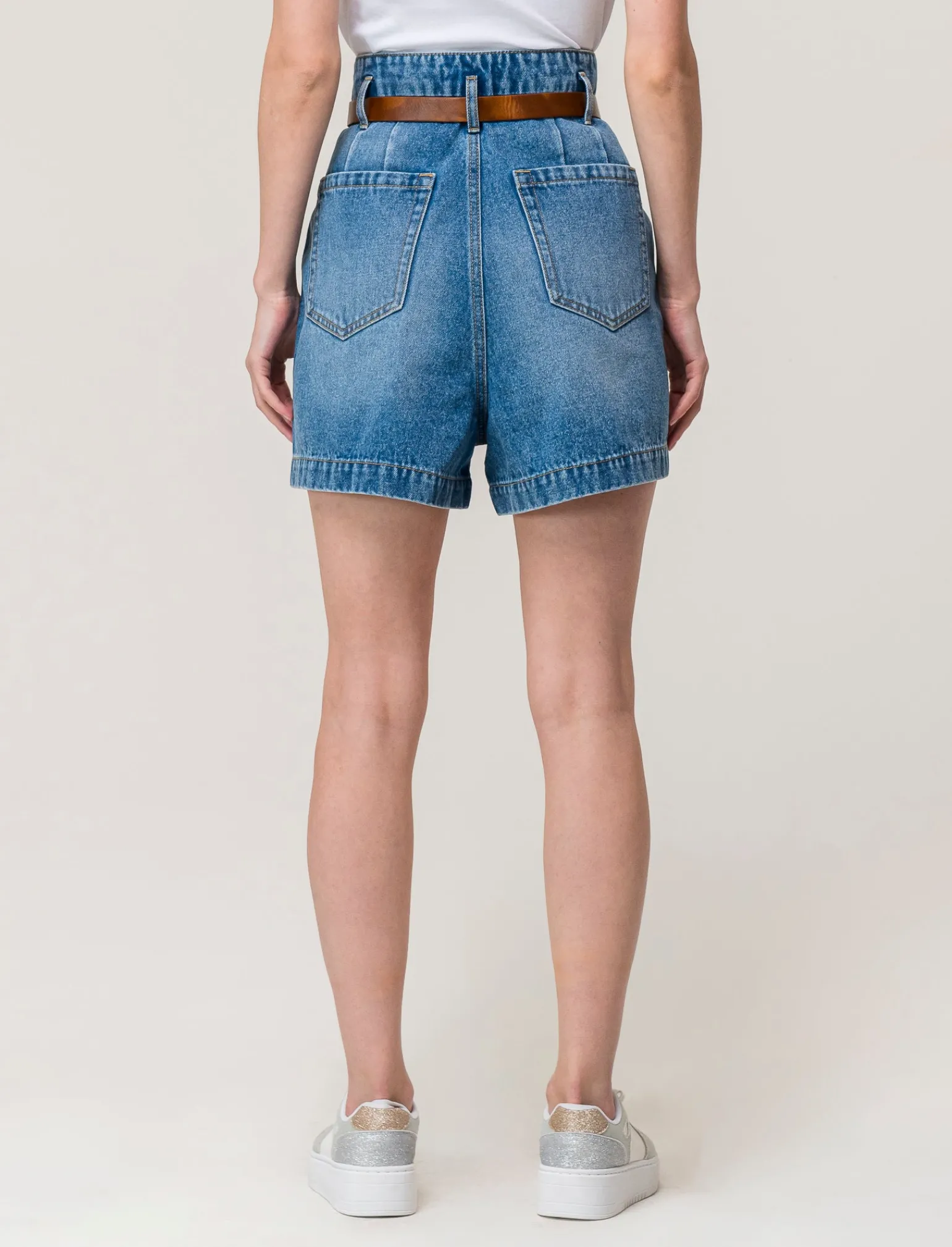 Donna Piazza Italia Shorts<Short in demin modello paper bag con cintura e tasche applicate sul retro - Denim