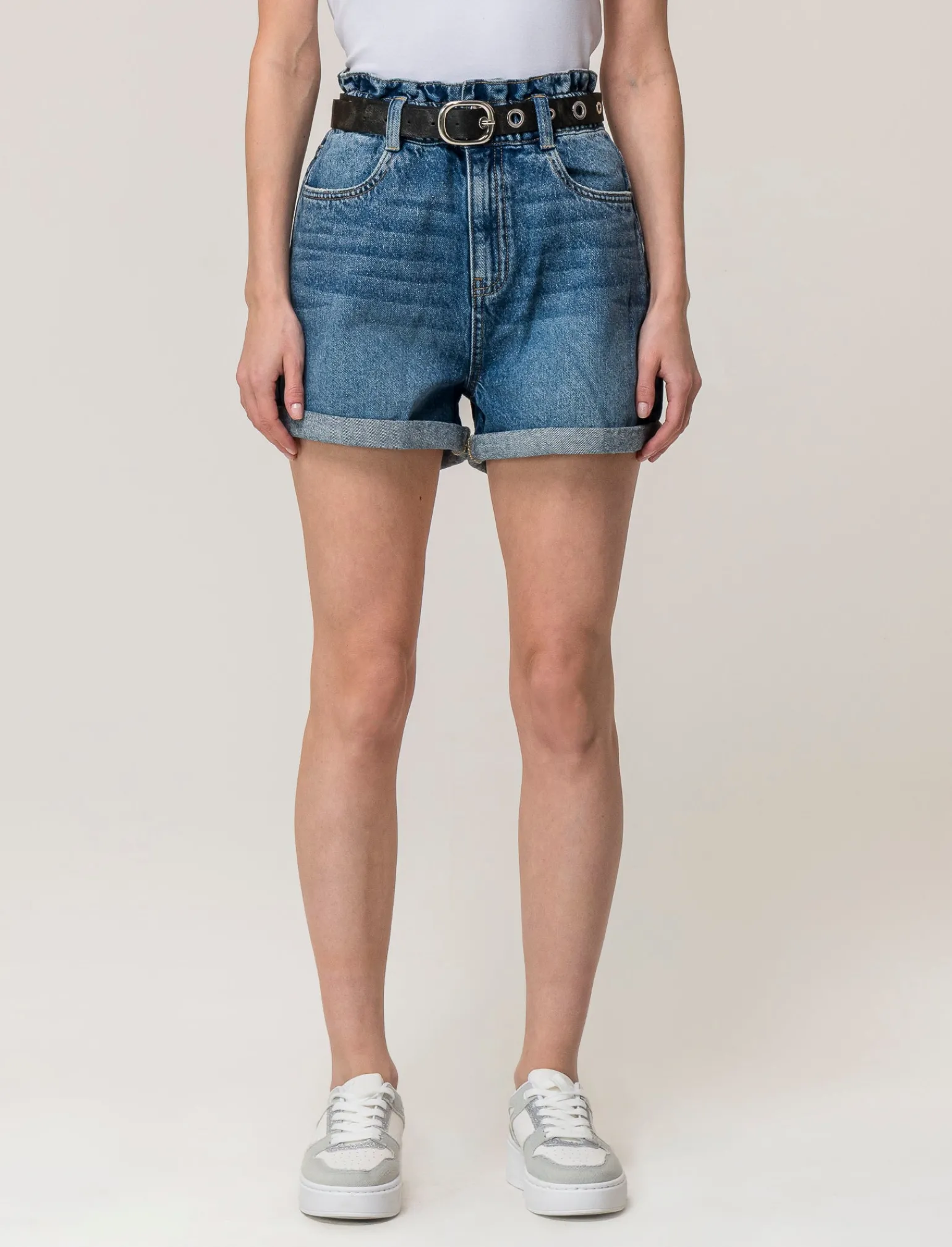 Donna Piazza Italia Shorts<Short in tessuto vestibilità paper bag con cintura e orlo riscoltato - Denim