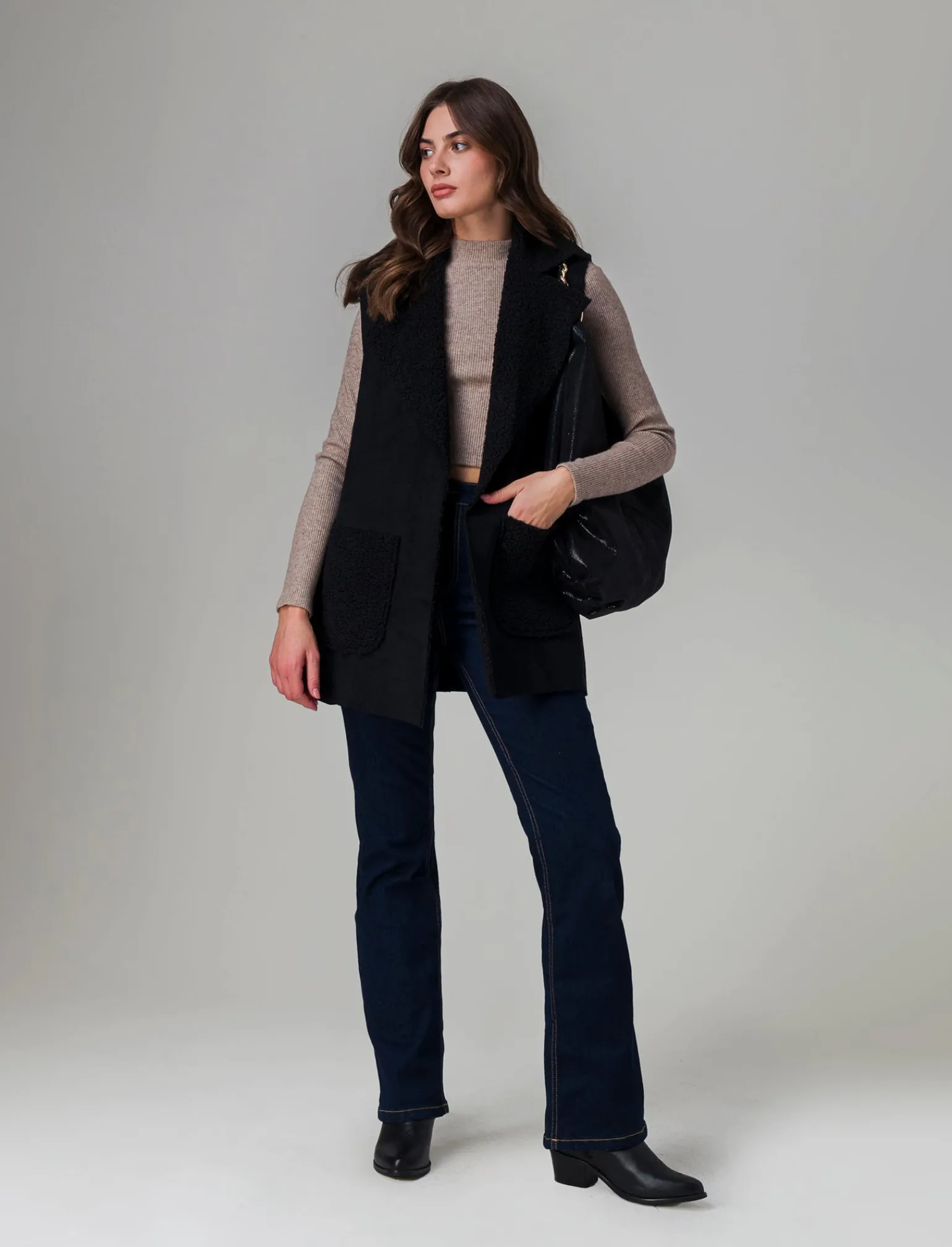 Donna Piazza Italia Donna | Maglieria<T-shirt crop manica lunga con mezzo collo lavorazione a coste strette - Grigio tortora