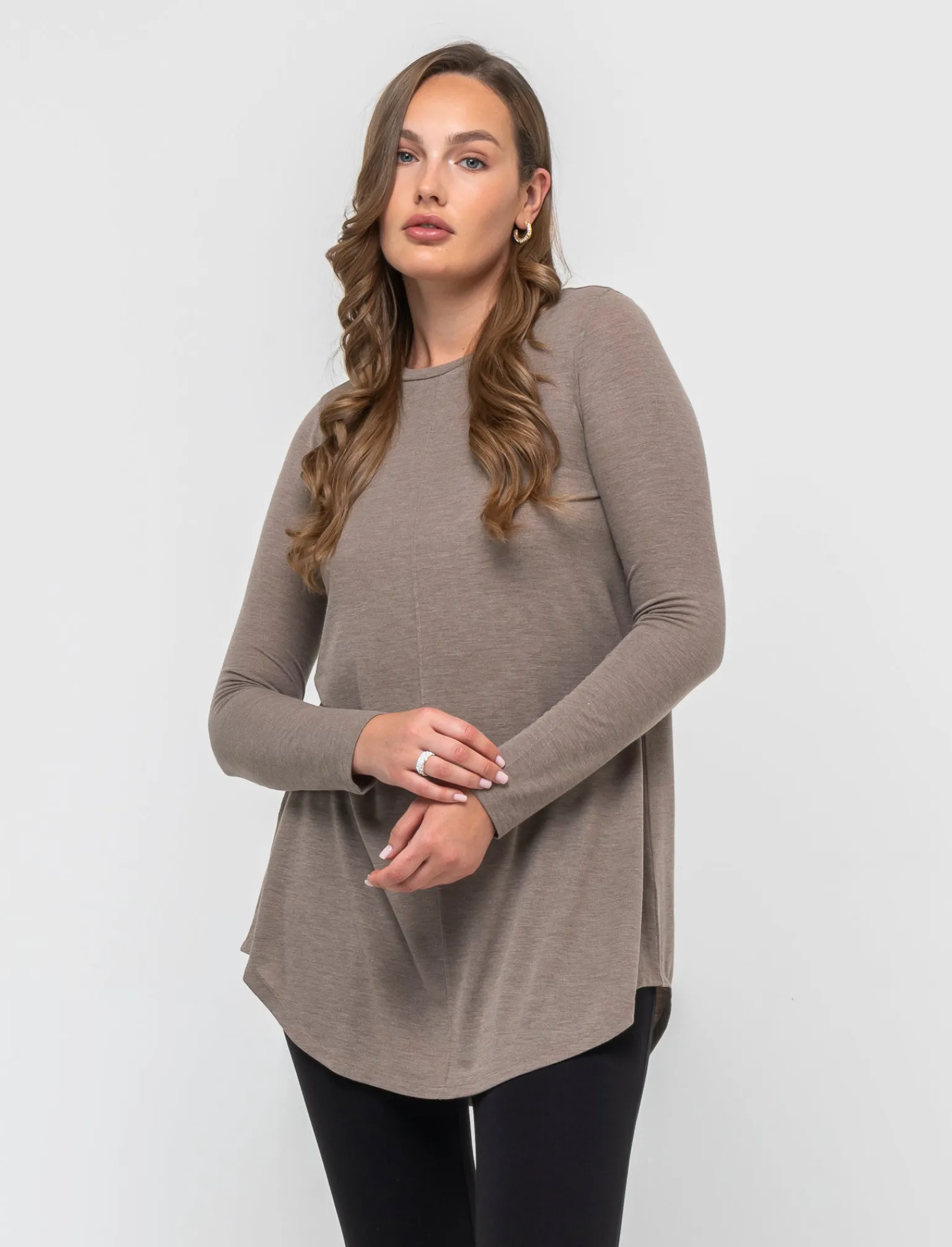 Donna Piazza Italia Donna | Maglieria<T-shirt lunga a girocollo a manica lunga e spacchi laterali - Tortora melange