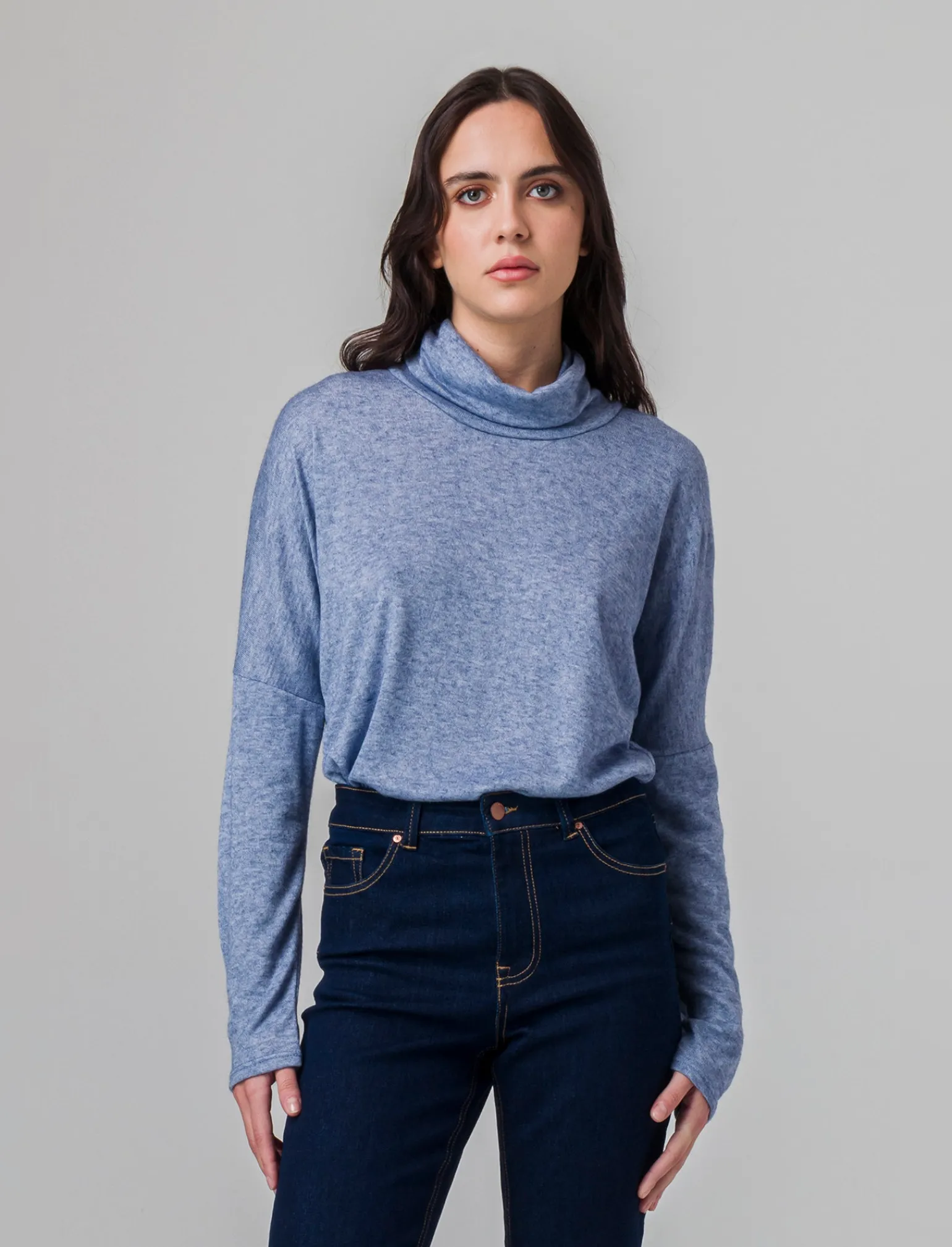 Donna Piazza Italia Maglieria<T-shirt manica lunga a collo alto e arricciatura - Denim
