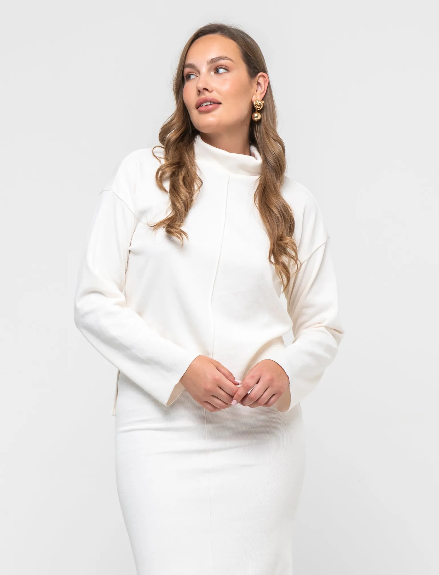 Donna Piazza Italia Maglieria<T-shirt manica lunga collo alto e cucitura frontale tessuto tipo maglina - Avorio