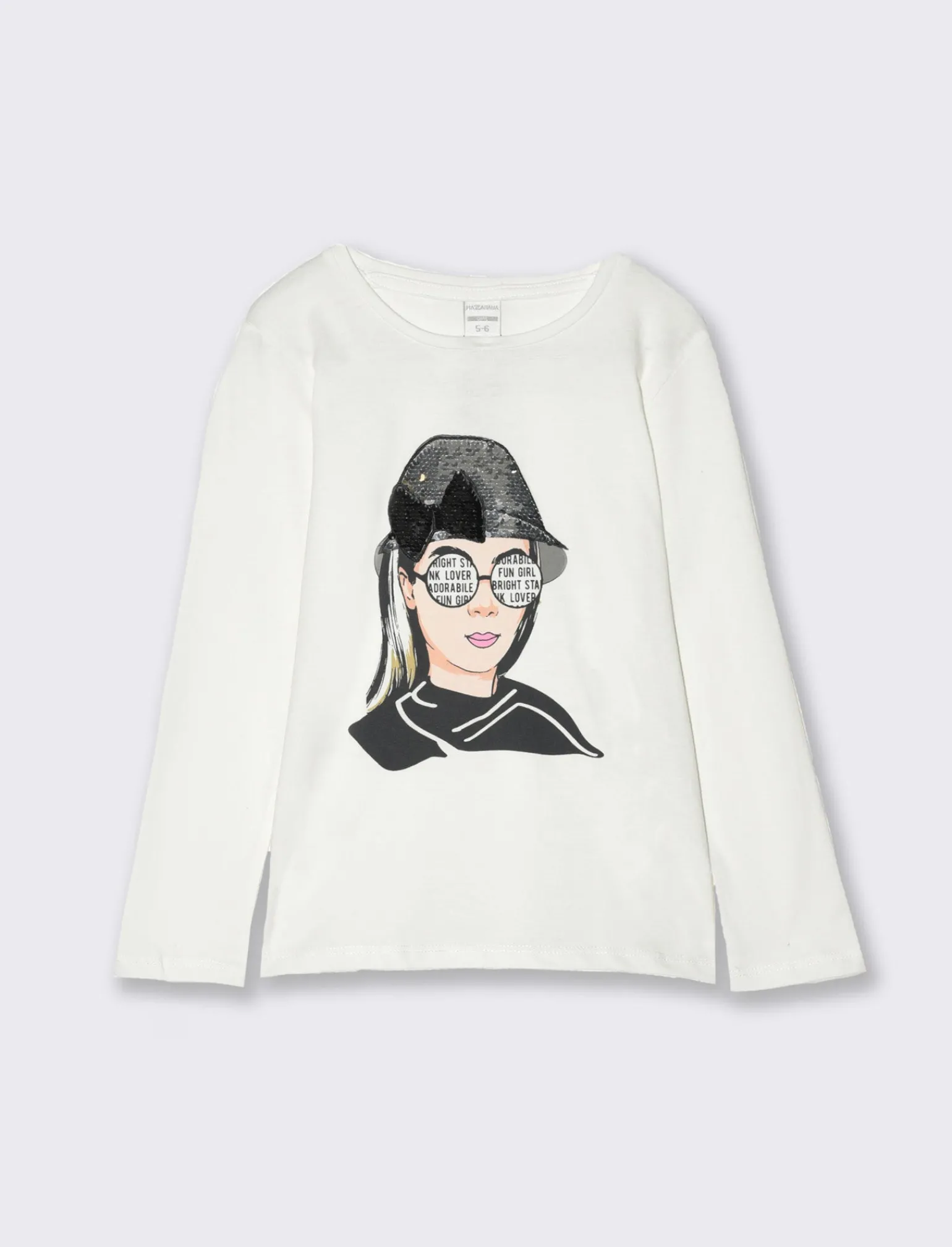 Piazza Italia Bambina | T-Shirt E Top<T-shirt manica lunga in cotone con stampa e dettaglio paillettes - Bianco sporco