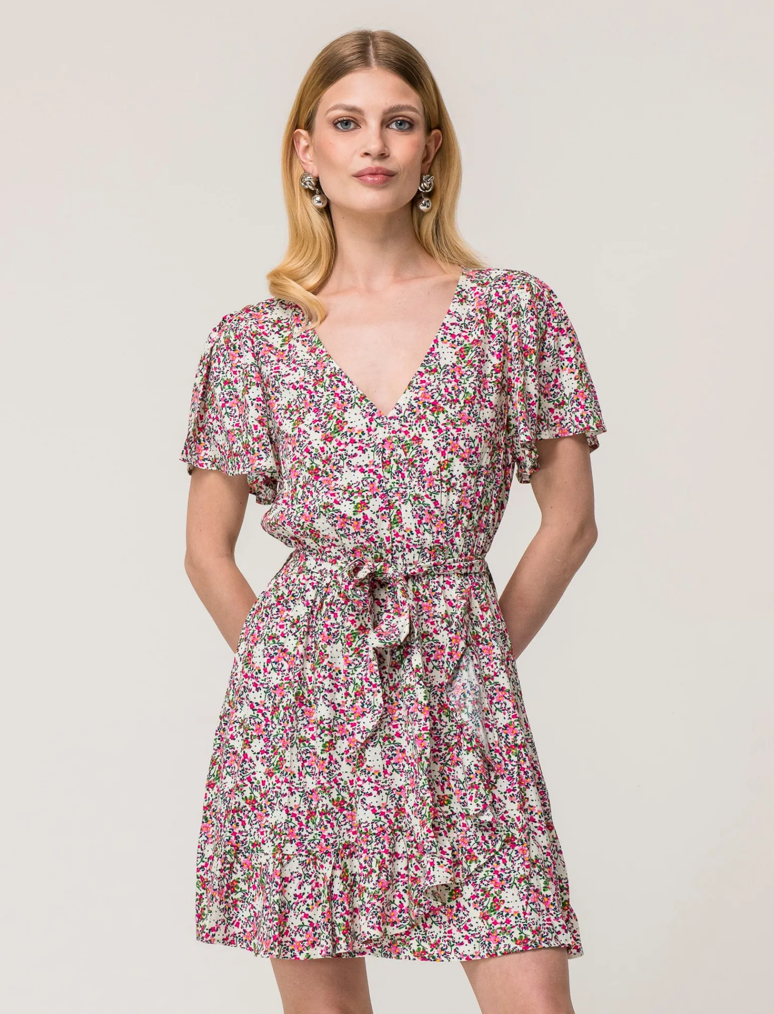 Donna Piazza Italia Donna | Abiti E Tute<Vestito mini stampato con rouches sul fondo e su manica, fusciacca in tessuto in vita - var 1